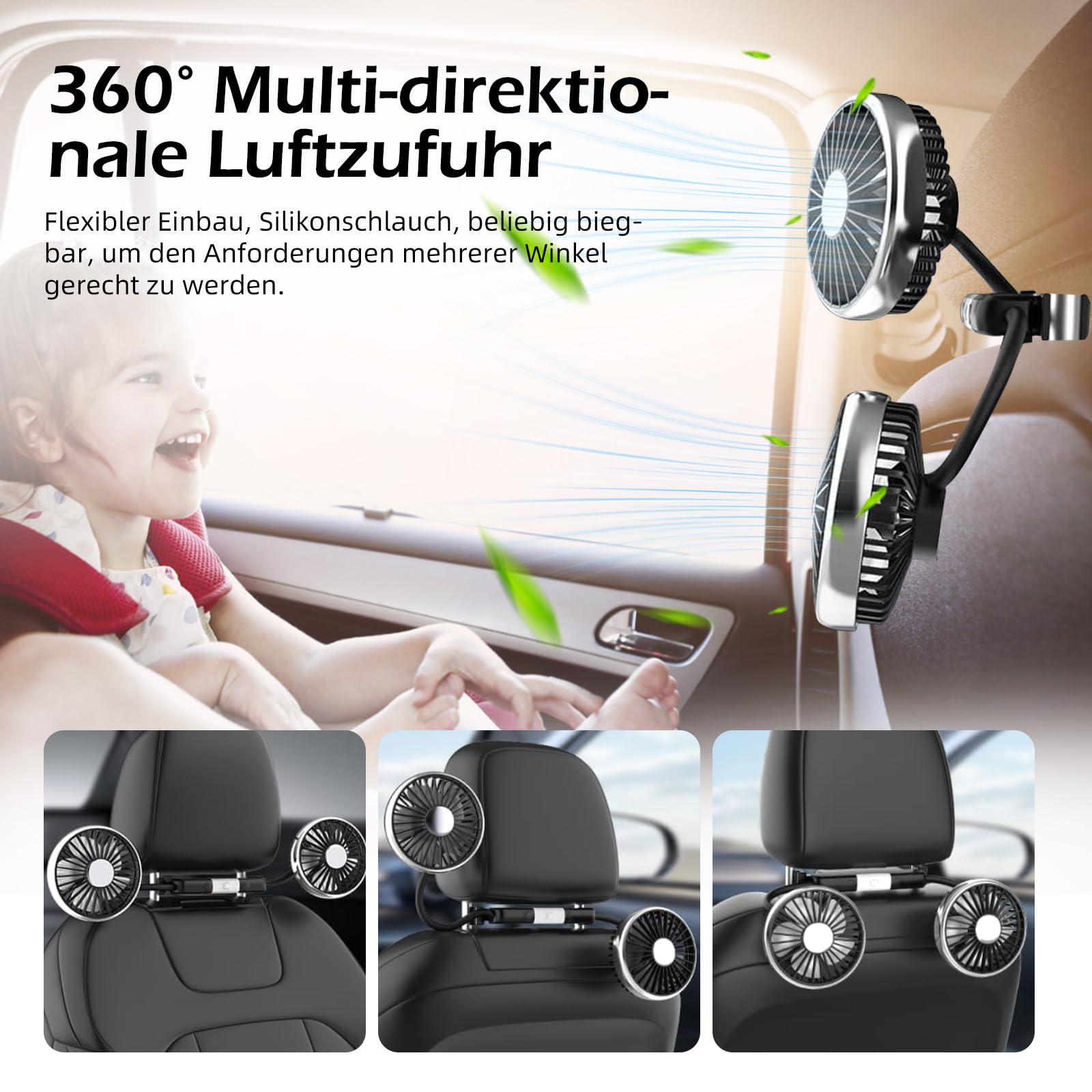 Ventilatore Auto Doppia Testa USB 5V - 3 Velocità, Rotazione 360°, Silenzioso (20 DB) - Per Auto, Furgoni, Camper, Ufficio