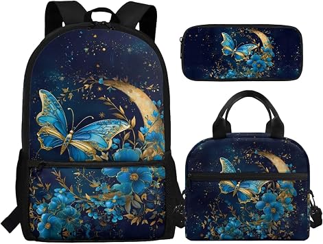 Blue Butterfly Kids 3-in-1 Backpack Set with Lunch Bag and Pen Case for School, Kindergarten, Preschool, Elementary School Students