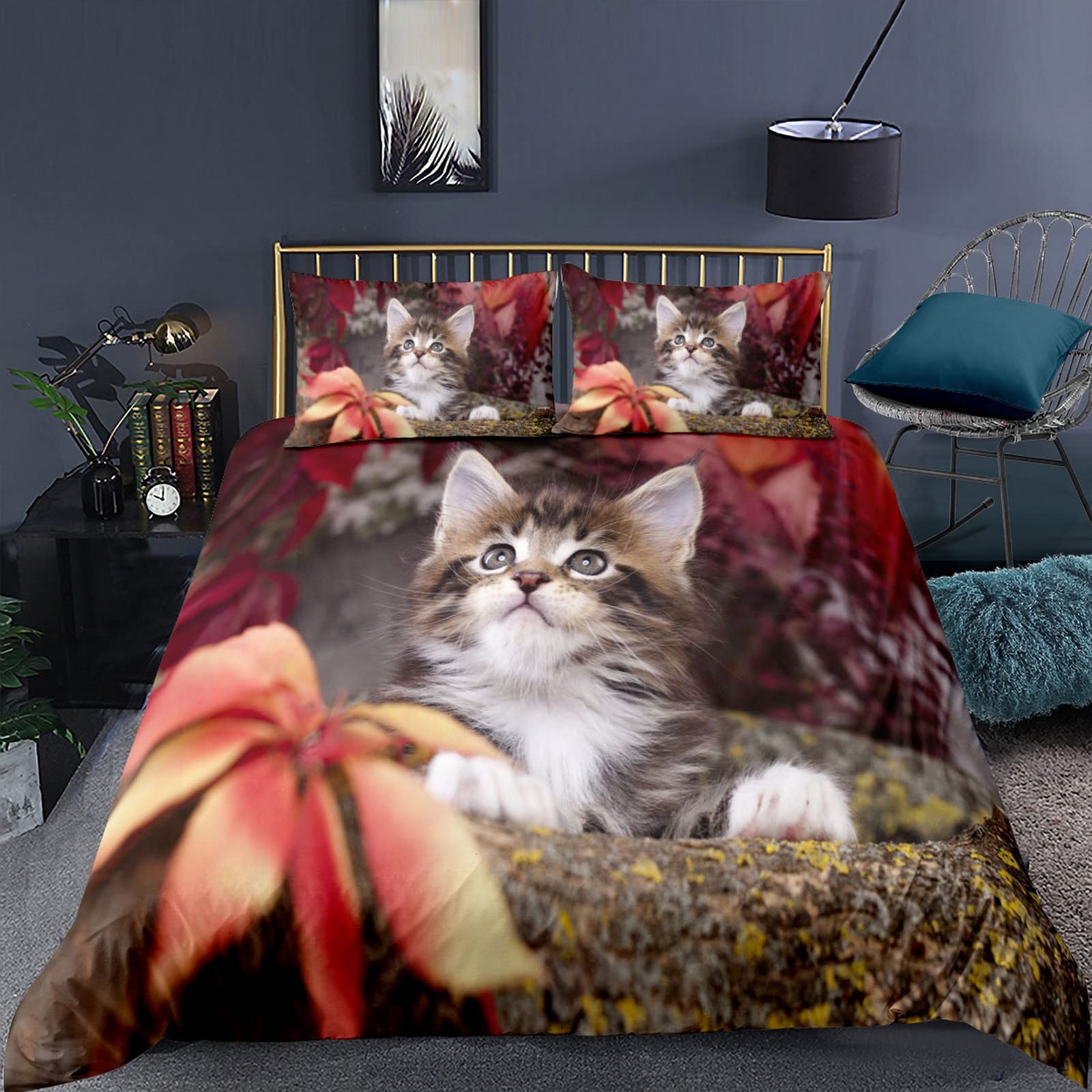 Parure De Lit 3D 1 Personne 90x200cm - Housse De Couette + 2 Taies - Motif Chat - Microfibre Douce - 4