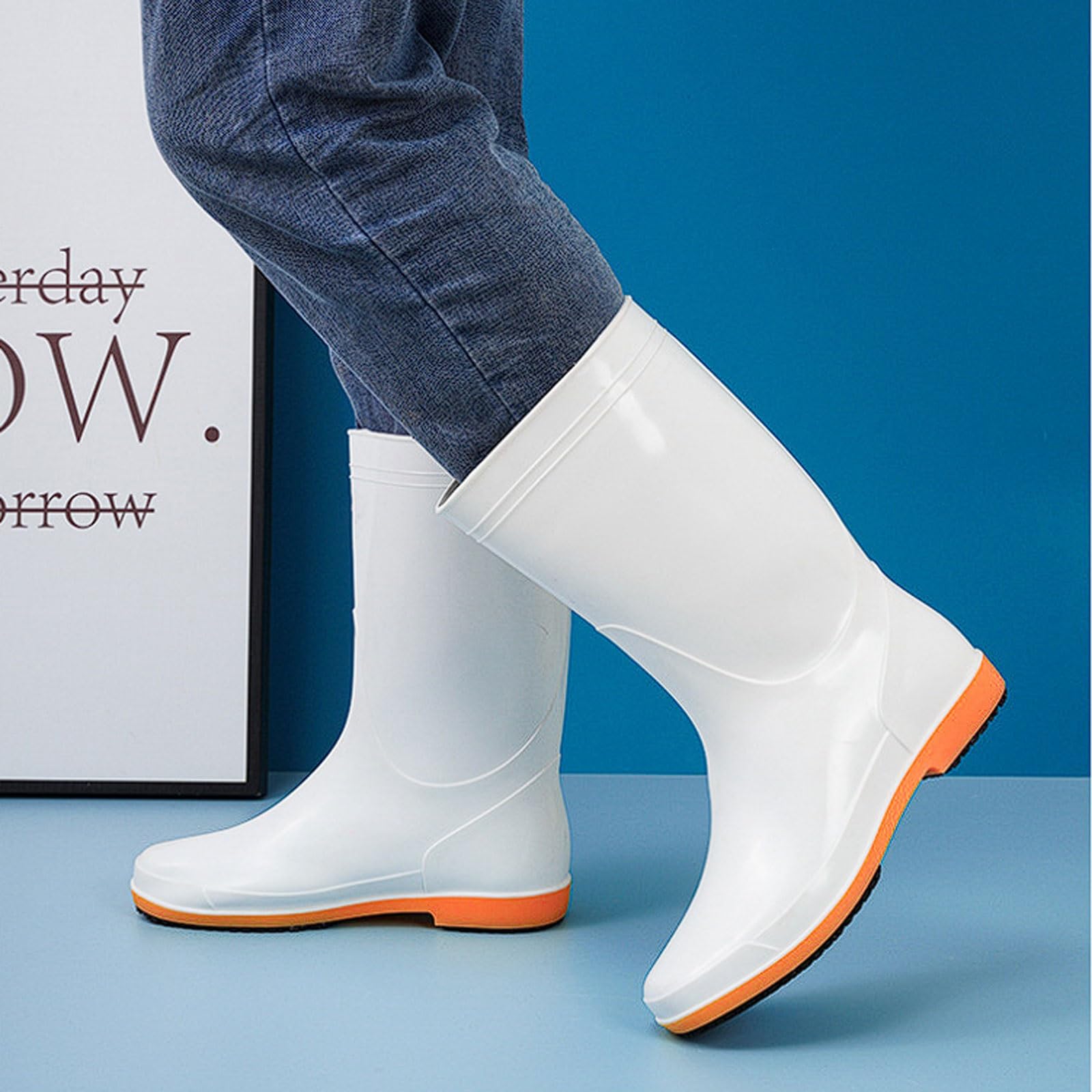 Bottes de Pluie mi-Mollet en PVC for Le Travail Cuisine, Semelles Cuir Vache Super antidérapantes, Chaussures sécurité Respirantes Blanches et Oranges