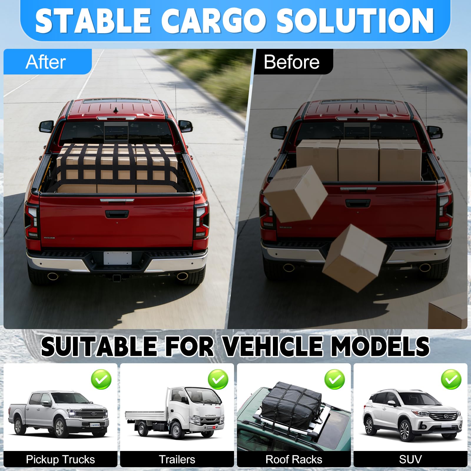 Rete per carico, 208 x 127 cm, rete per bagagliaio per pickup e camion, superficie di carico/portellone posteriore, 4 cinghie regolabili e 2 corde elastiche, con gancio a S