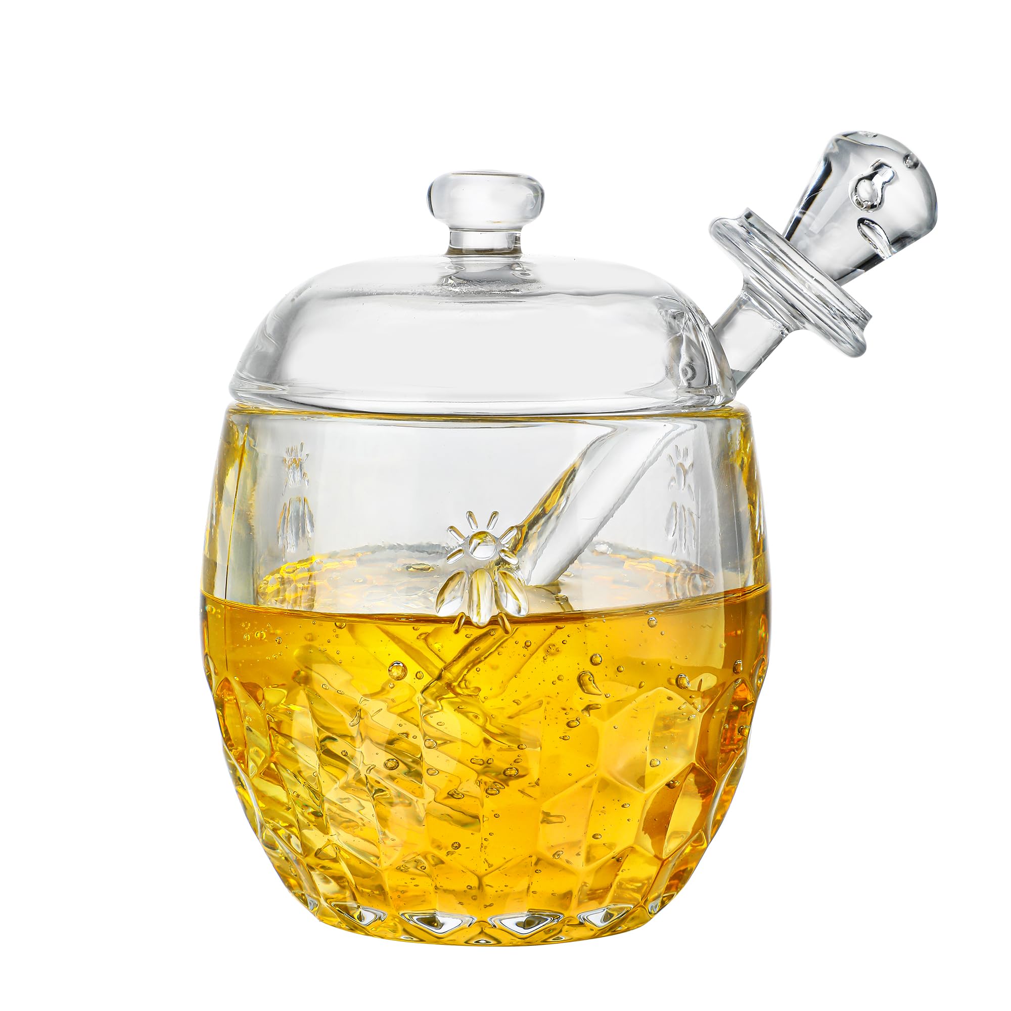 H&D Hyaline&Dora Glas Honigglas mit Schöpflöffel und Deckel, 170 ml Glas Honigtopf, Kristall Honigspender, Honigbehälter mit Schöpflöffel, Honigglas zum Aufbewahren und Dosieren von Honig