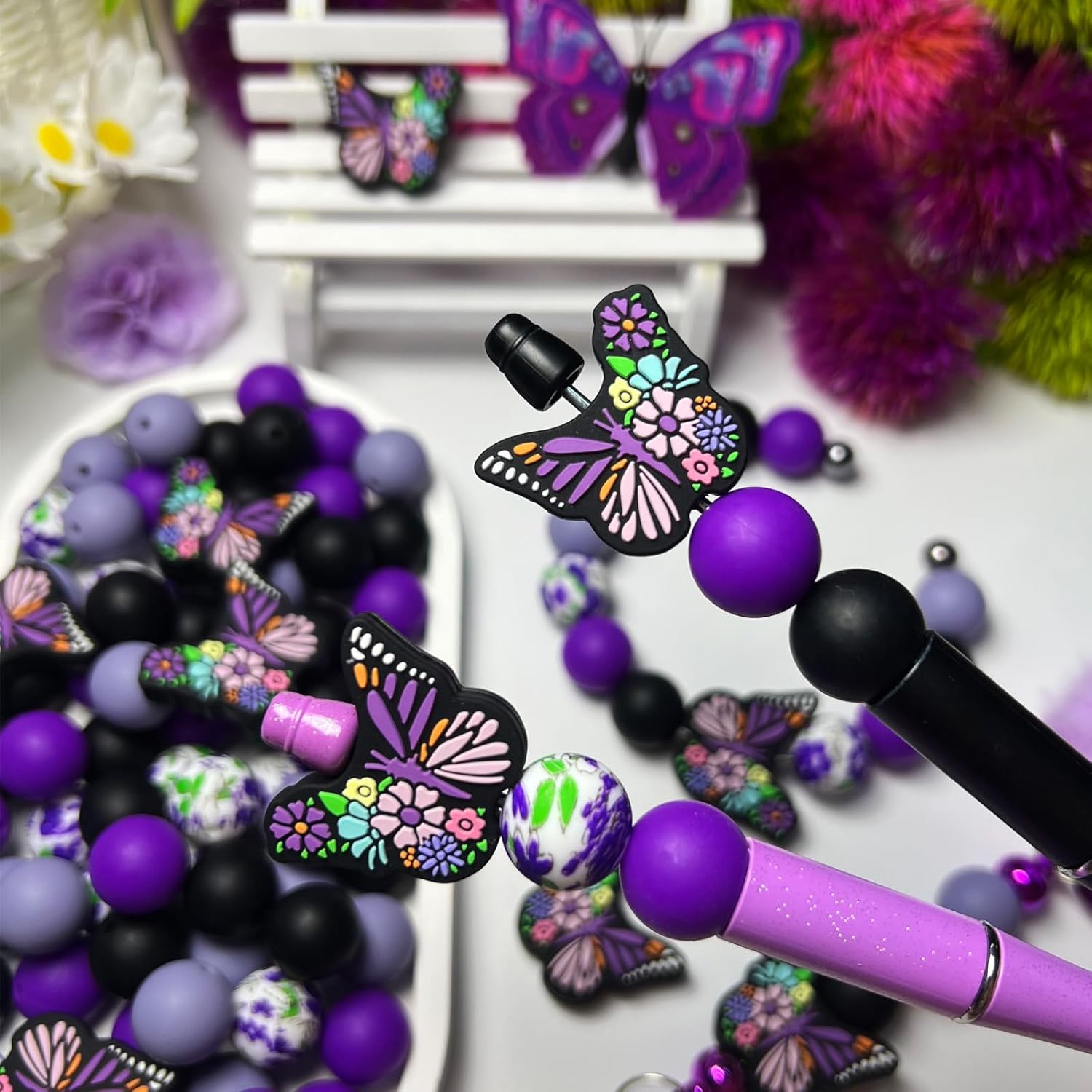 Purple Butterfly Decorative Focal Beads - Violet Floral Printed - 15mm Silicone Round Beads for DIY Jewelry, Beaded Pens, Keychains, Pendant Decorations, Crafts (60pcs) - Image 6