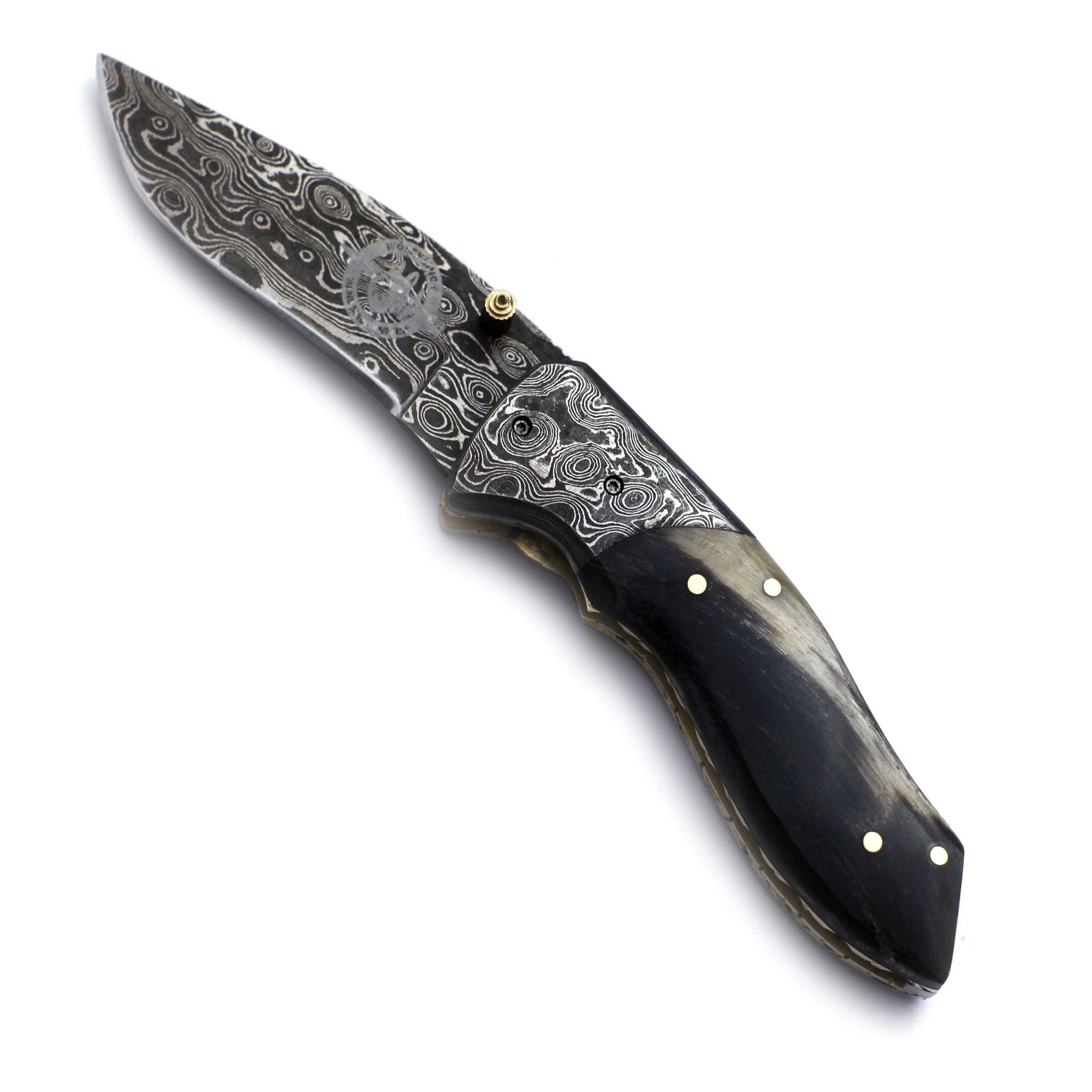 WÖLFKLINGE Damascus Handmade Folding Pocket Knife – The Ultimate EDC for Hunting, Survival, Camping, and Fishing with Full Tang Micarta Handle and Luxurious Cowhide Leather Sheath.-WFD-2538