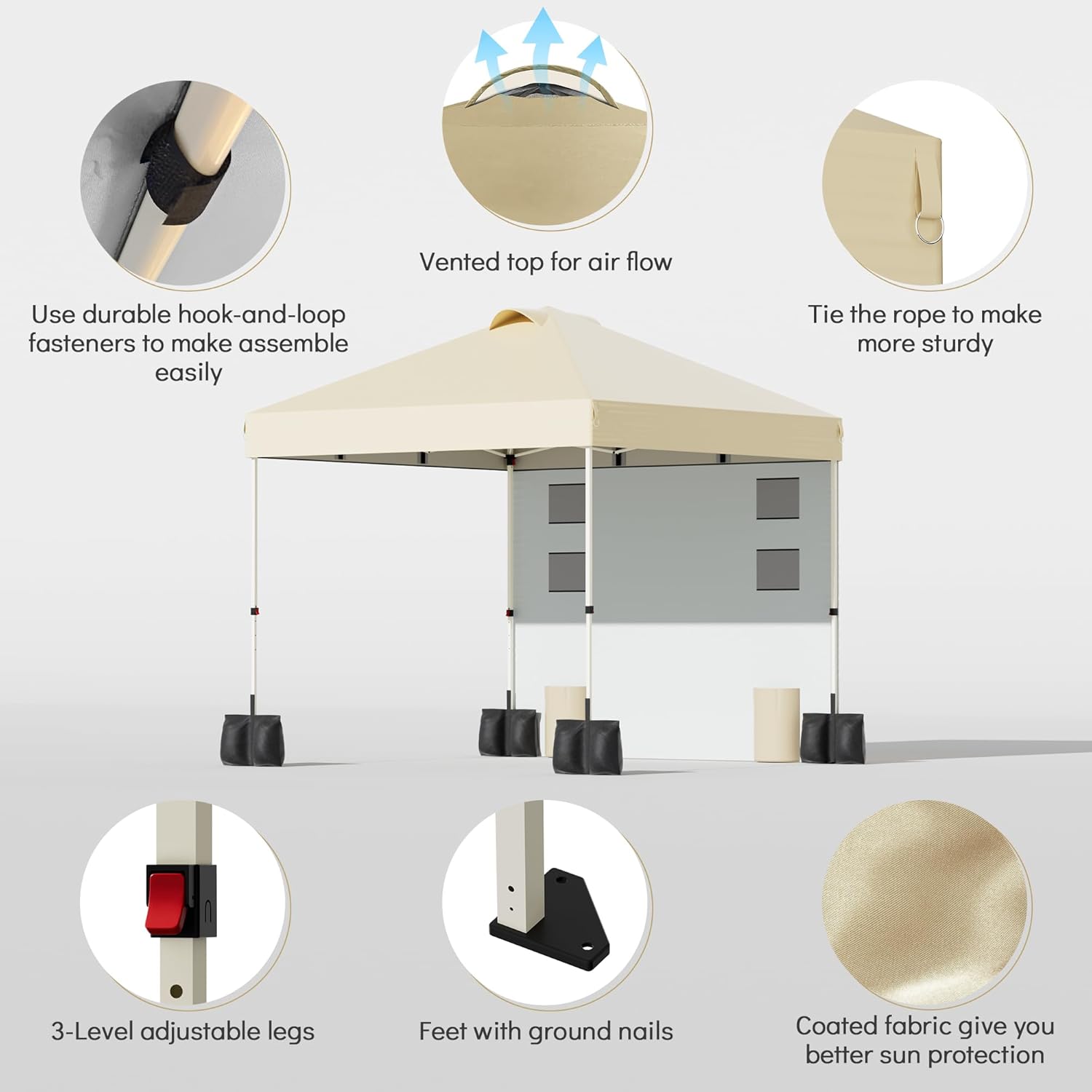 Onelike 10'x10' Pop Up Canopy Tent Outdoor Sun Shade Garden Instant Canopy with Pockets Sidewall,4 Ropes, 8 Stakes,4 Weight Bags Esay Up Sun Shelter Patio Camping Beach Canopy Tents, Khaki