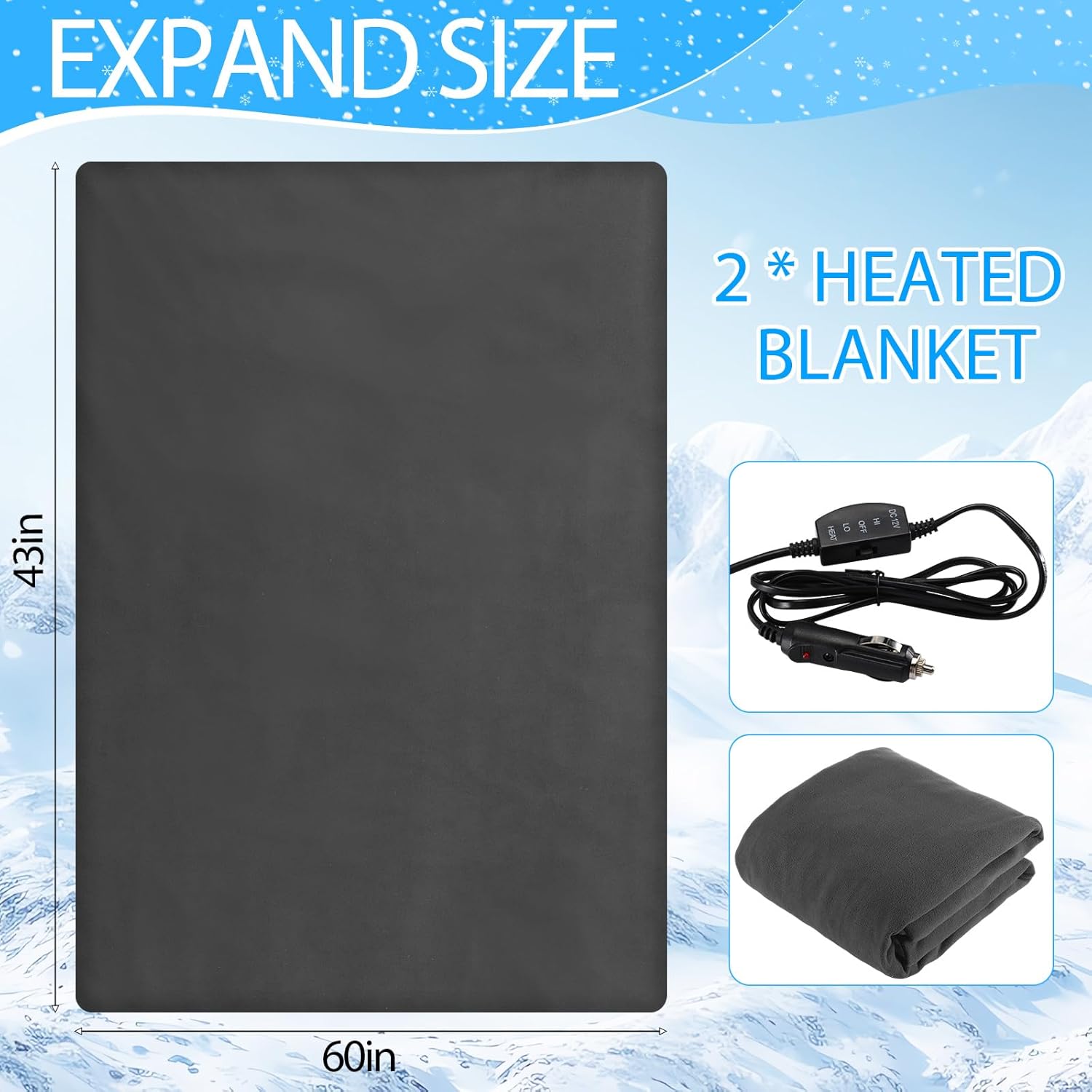 2 Pack Heated Car Blanket,12 Volt 3 Heating Levels 60" X 43" Electric Blanket Adjustable Temperature Portable Heated Throw for Car SUV RV Camping Winter Cold Weather (Gray) - Image 2