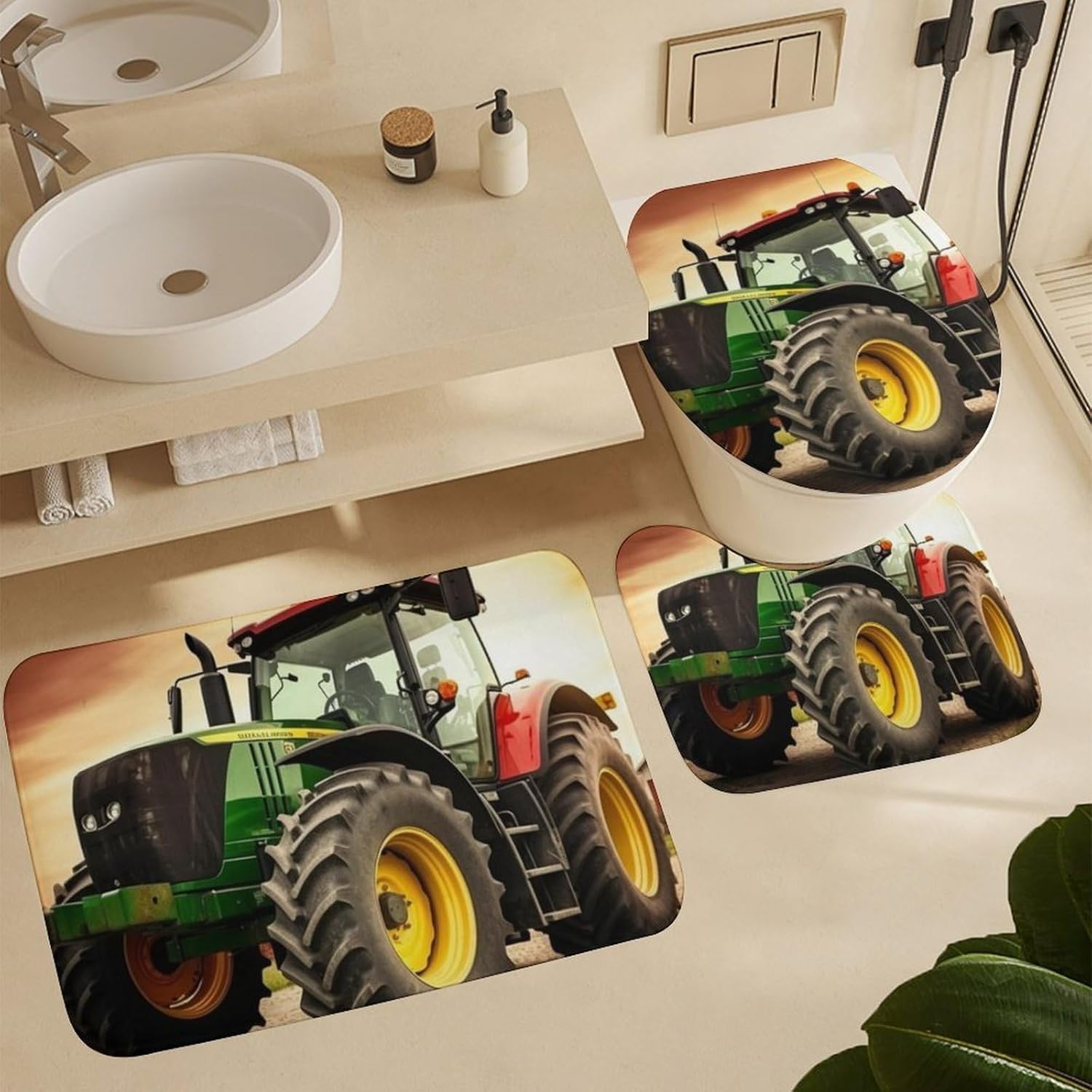 Anti-Skid Floor Mats 3 Piece Set,Tractor Theme Printed Coral Fleece Bathroom Mats U-Shaped Contour Mat Toilet Seat Cover for Bathroom, Tub, Shower, Kitchen 19.7"x31.5"