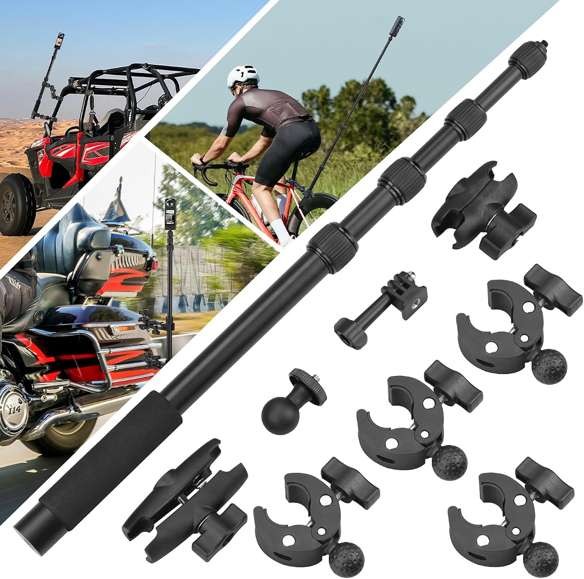 BRDRC Motorcycle Mount for Insta 360 X4 X5 X6, Bike Handlebar Clamp Mounts 59" Invisible Selfie Stick Bundle Kit for Insta360 X6 X5 X4 Air X3 X2 X ONE, for DJI OSMO 360, for GoPro Camera Accessories