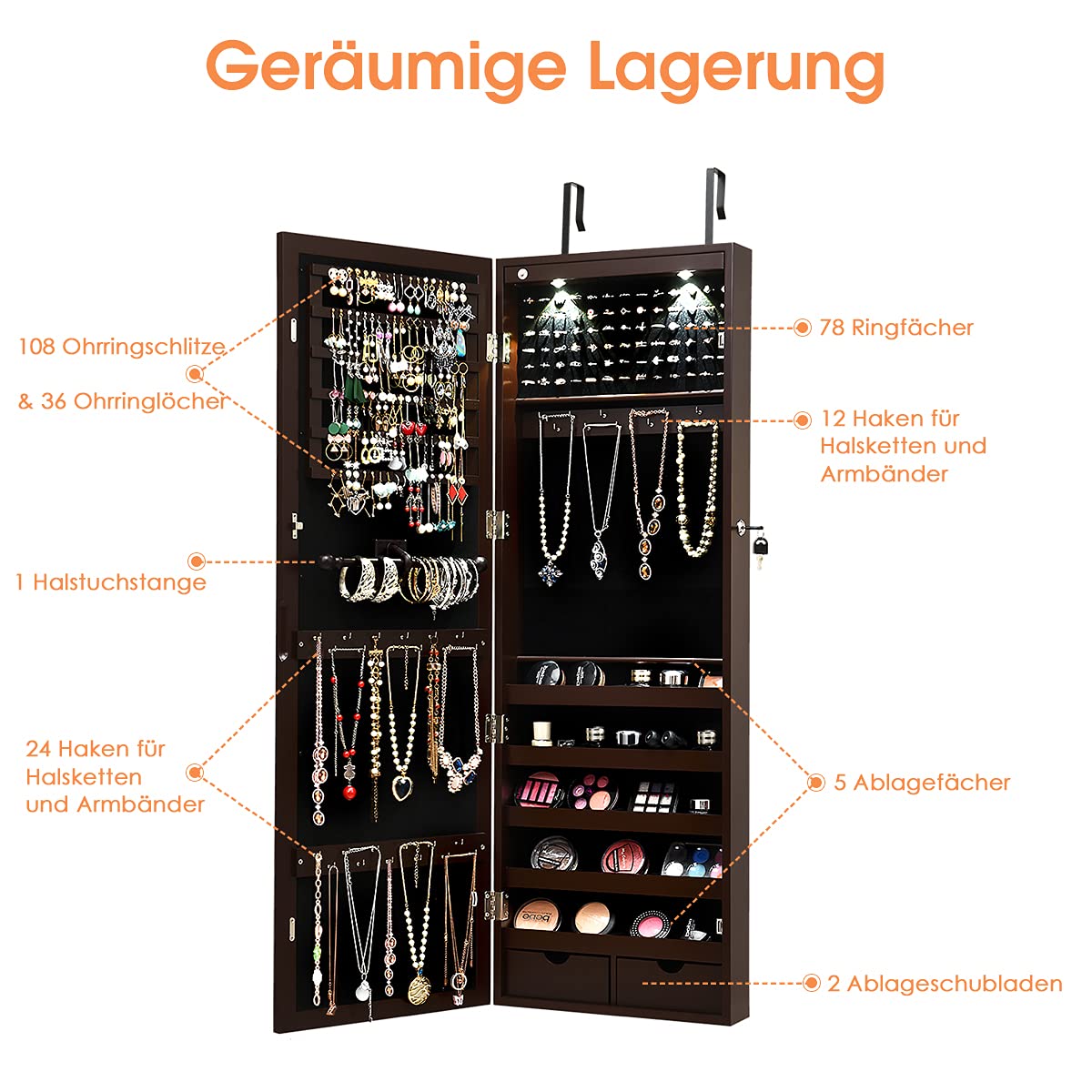 COSTWAY Schmuckschrank hängend, 2 in 1 Spiegelschrank mit LED Leuchten & 2 Schubladen, Hängeschrank abschließbar, Wandschrank Schmuck Organizer zur Wand-/Türmontage (Braun)