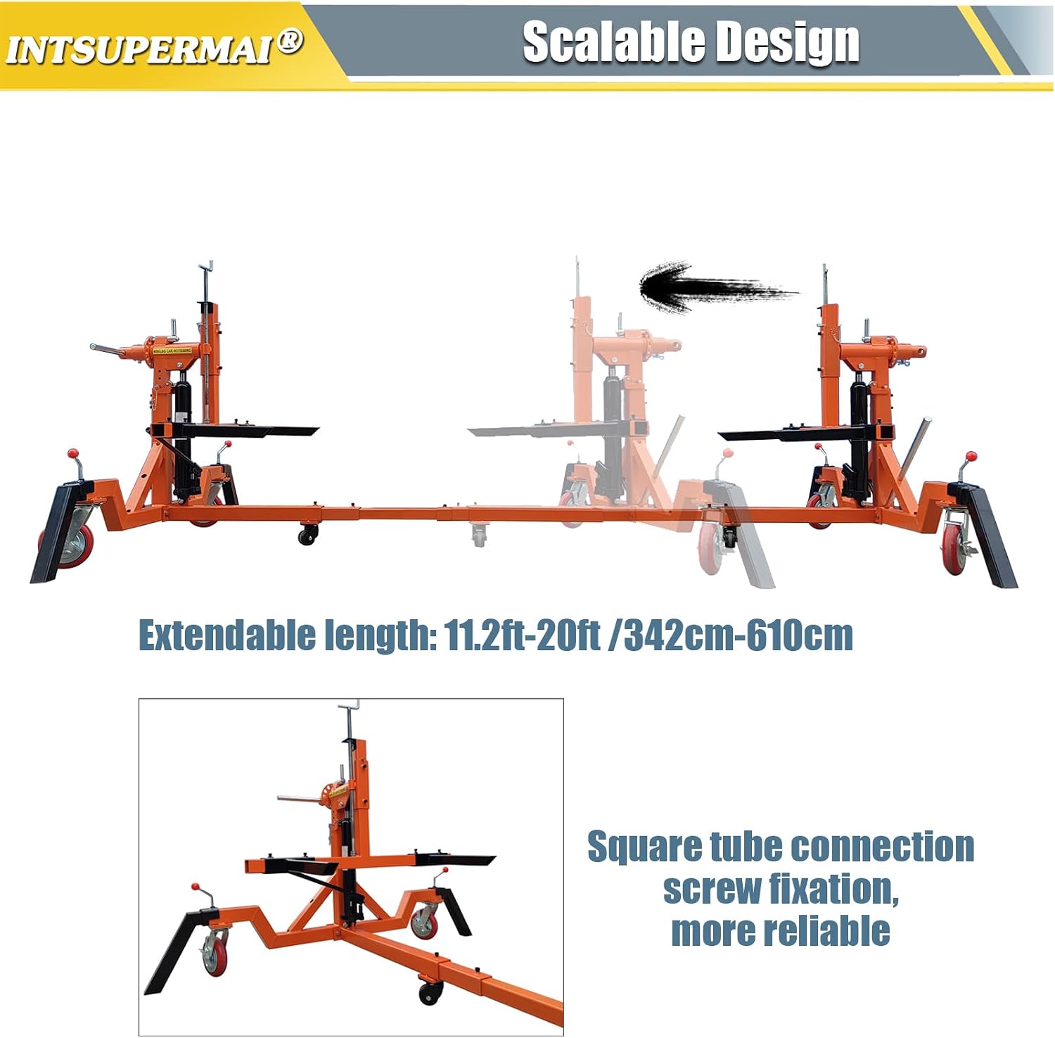 INTSUPERMAI Car Rotisserie Max 4400 LBS Capacity Auto Rotisserie Automotive Rotisserie Car Rotator Extendable Length 11.2-20 FT Rotisserie Car Lift with Casters 2PCS 8T Hydraulic Cylinder