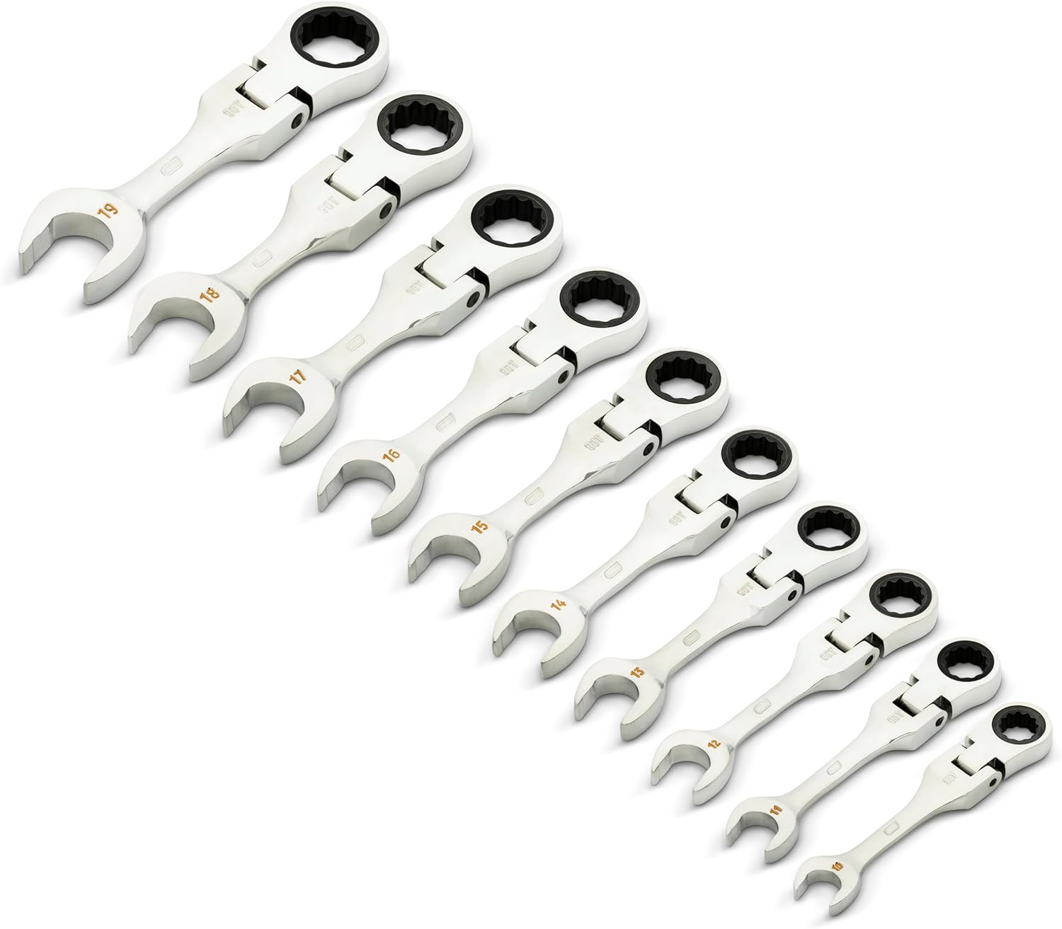 GEARWRENCH 10 Piece 90-Tooth 12 Point Stubby Flex Combination Ratcheting Wrench Set, Metric | 10mm - 19mm | 86870
