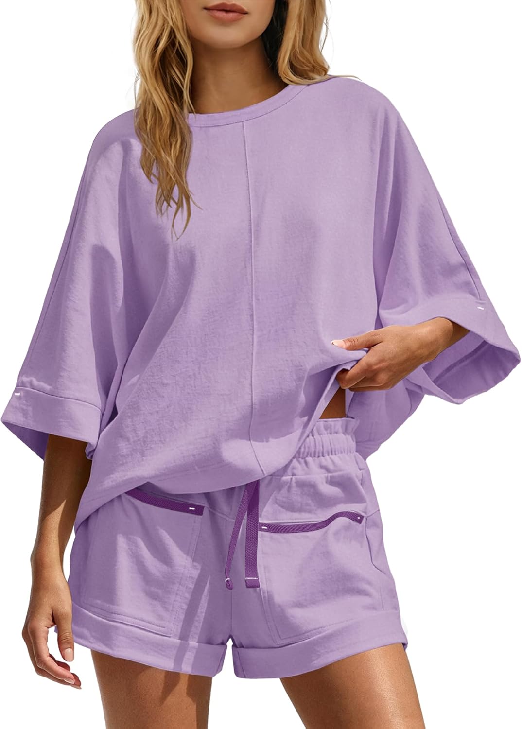 Nirovien Womens 2 Piece Short Sets Travel Vacation Outfits Half Sleeve Tops and High Waisted Shorts Lounge Set