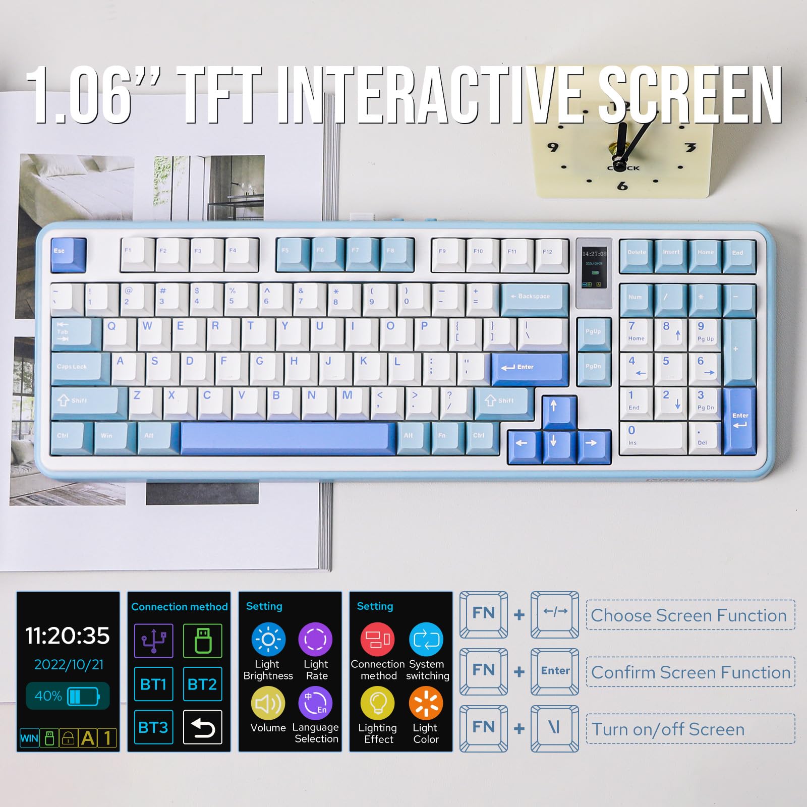 MechLands Vibe99 Teclado inalámbrico para juegos con pantalla 1.06" teclado mecánico cremoso intercambiable al 96% BT5.0/2.4GHz/USB-C