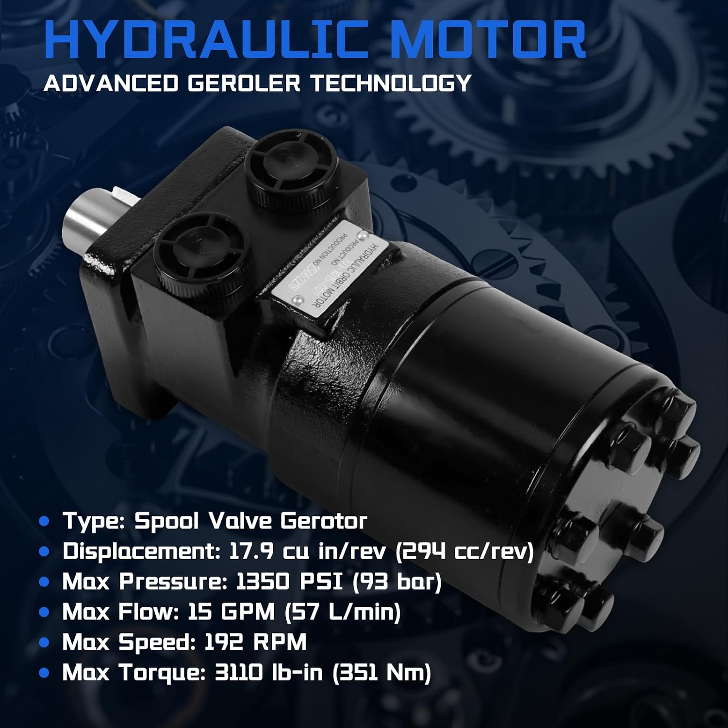 101-1015-009 Hydraulic Motor Replacement for Char-Lynn Eaton H Series, 17.9 cu in/rev Displacement 1 Inch Straight Shaft 4-Bolt Mount 192 RPM 1350 PSI