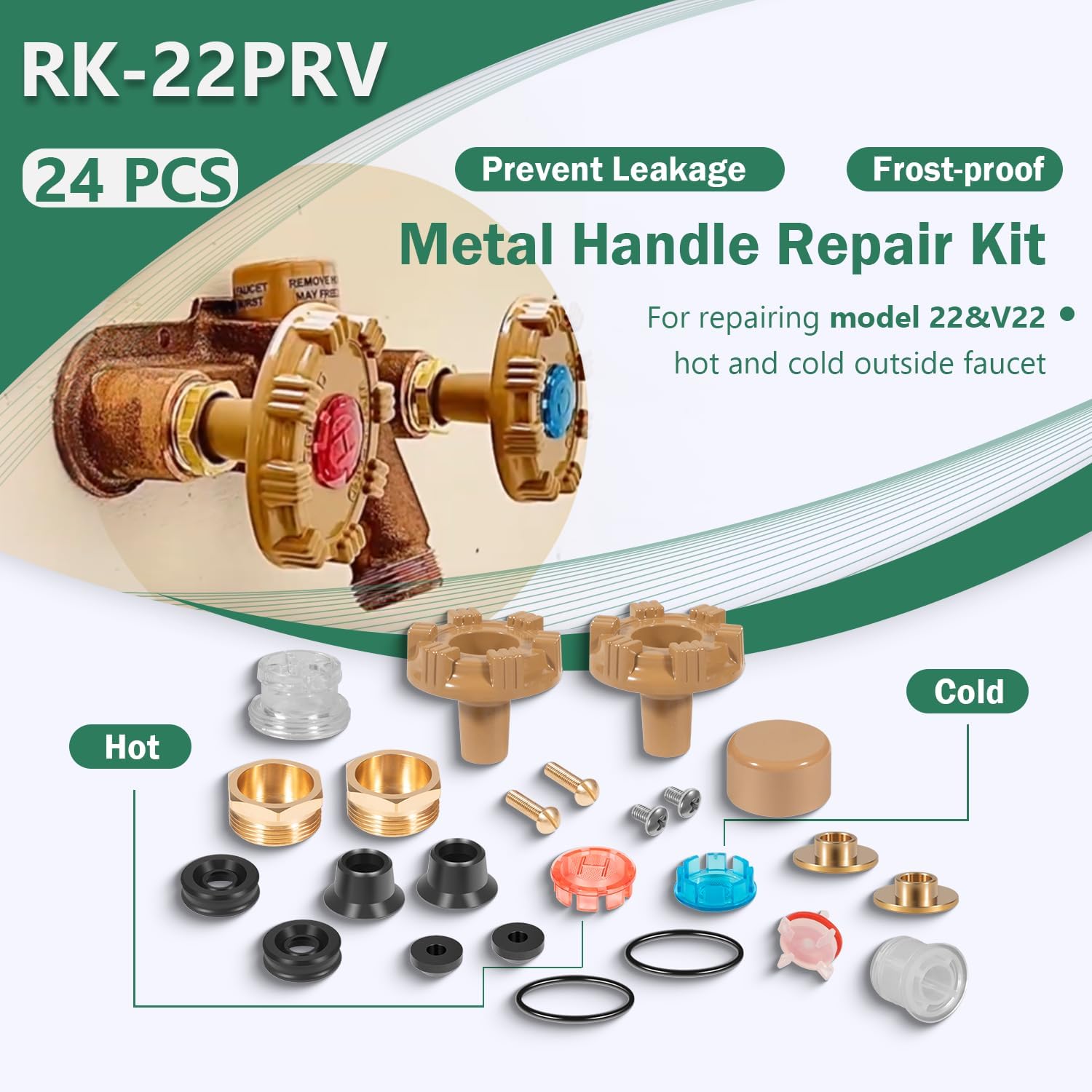 RK-22PRV Repair Kit Metal Handle Compatible with Woodford Model 22&V22 Hot and Cold Outdoor Faucet, Prevent Leaking, Frost-proof (18pcs)