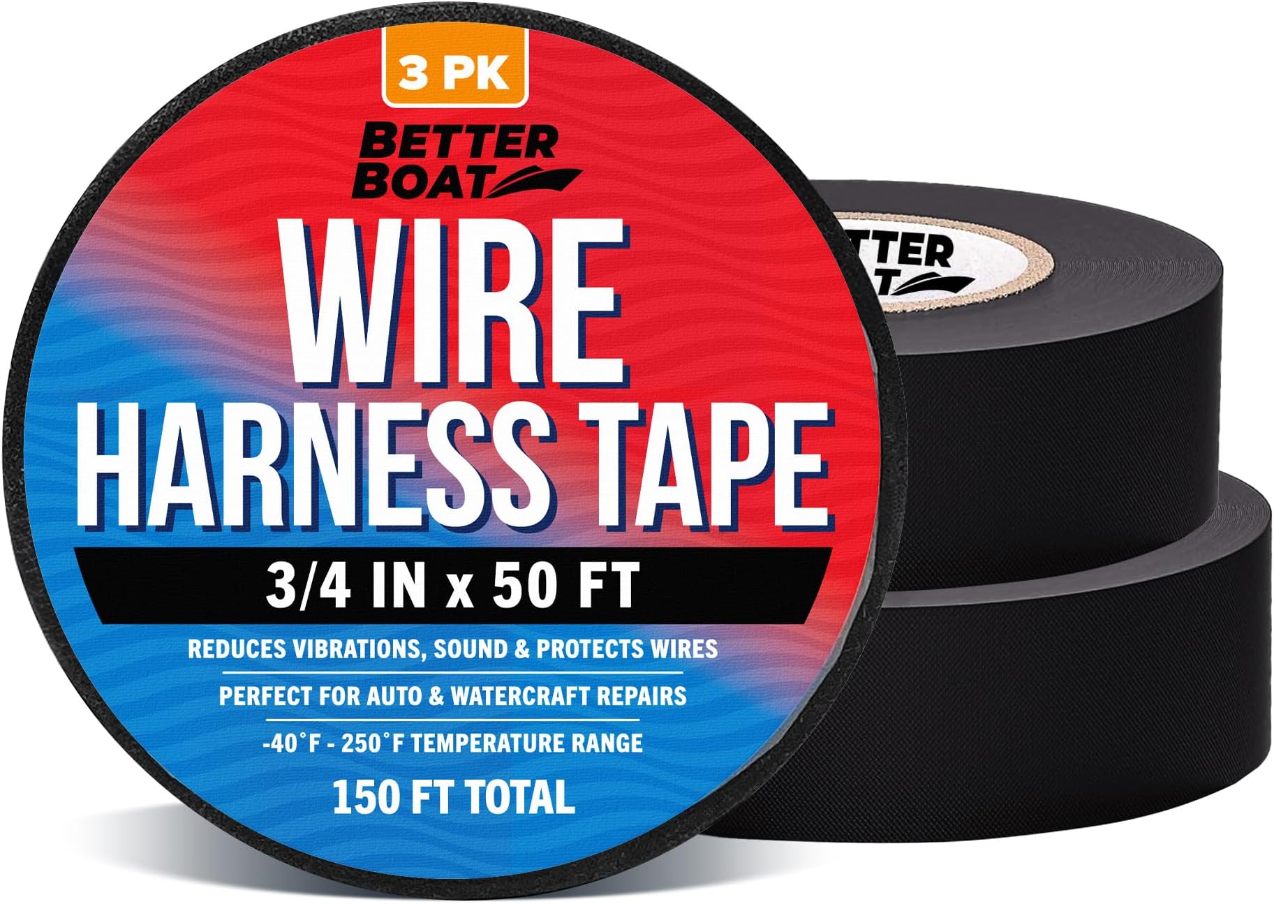 Better Boat Wire Harness Tape 3-Pack (150ft) - Cloth Electrical Tape Automotive & Marine Grade, Noise Dampening Wire Loom, Heat Resistant to 250F, No Residue Fabric Wiring Wrap 3/4" x 50ft