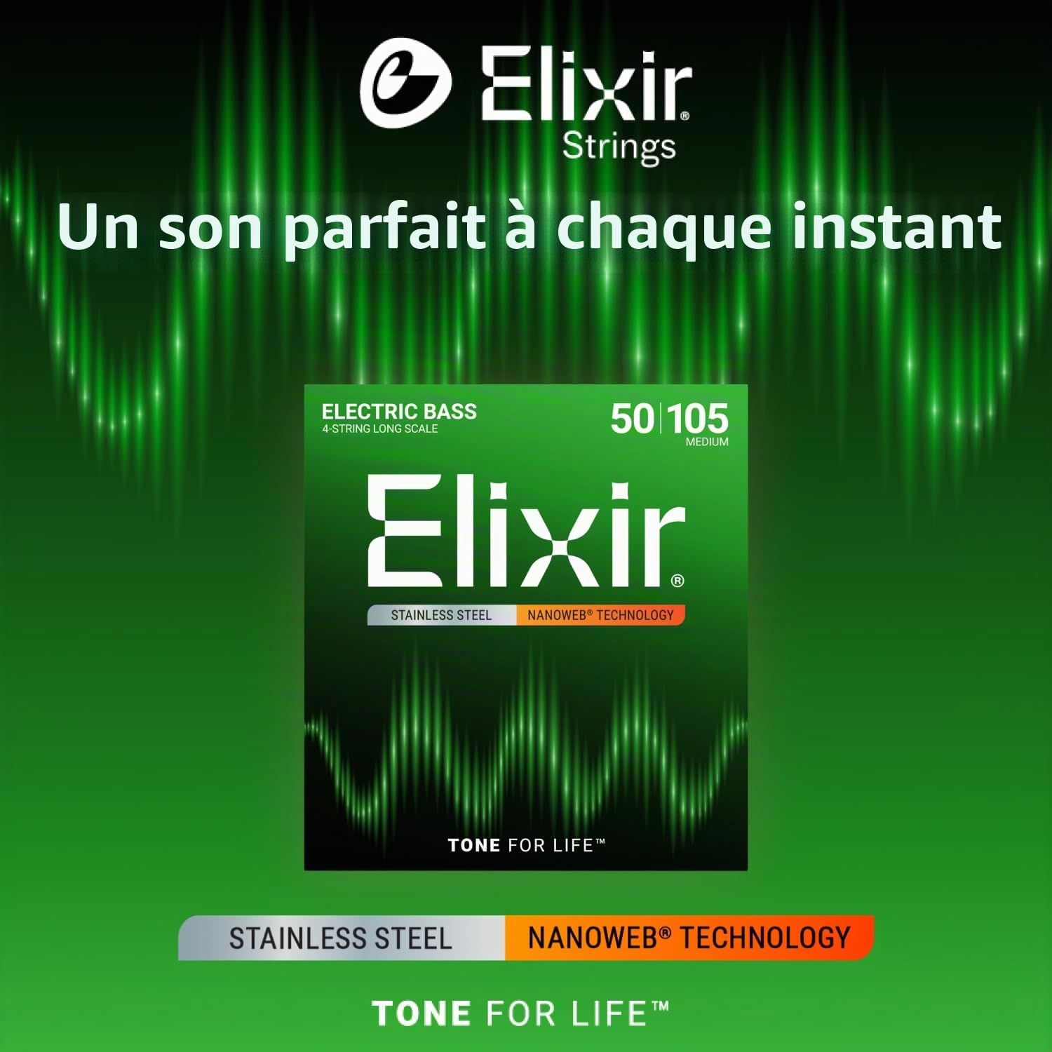 Elixir 14702 Bass Strings 50-105 - Jeu de cordes pour guitare basse à 4 cordes