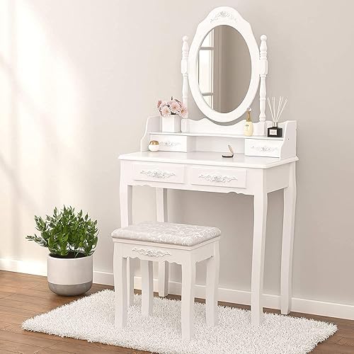 Miniatura 7 de Elegance Juego mesa con taburete cambiador maquillaje y Espejo Ovalado, Color blanco, Madera, Blanco