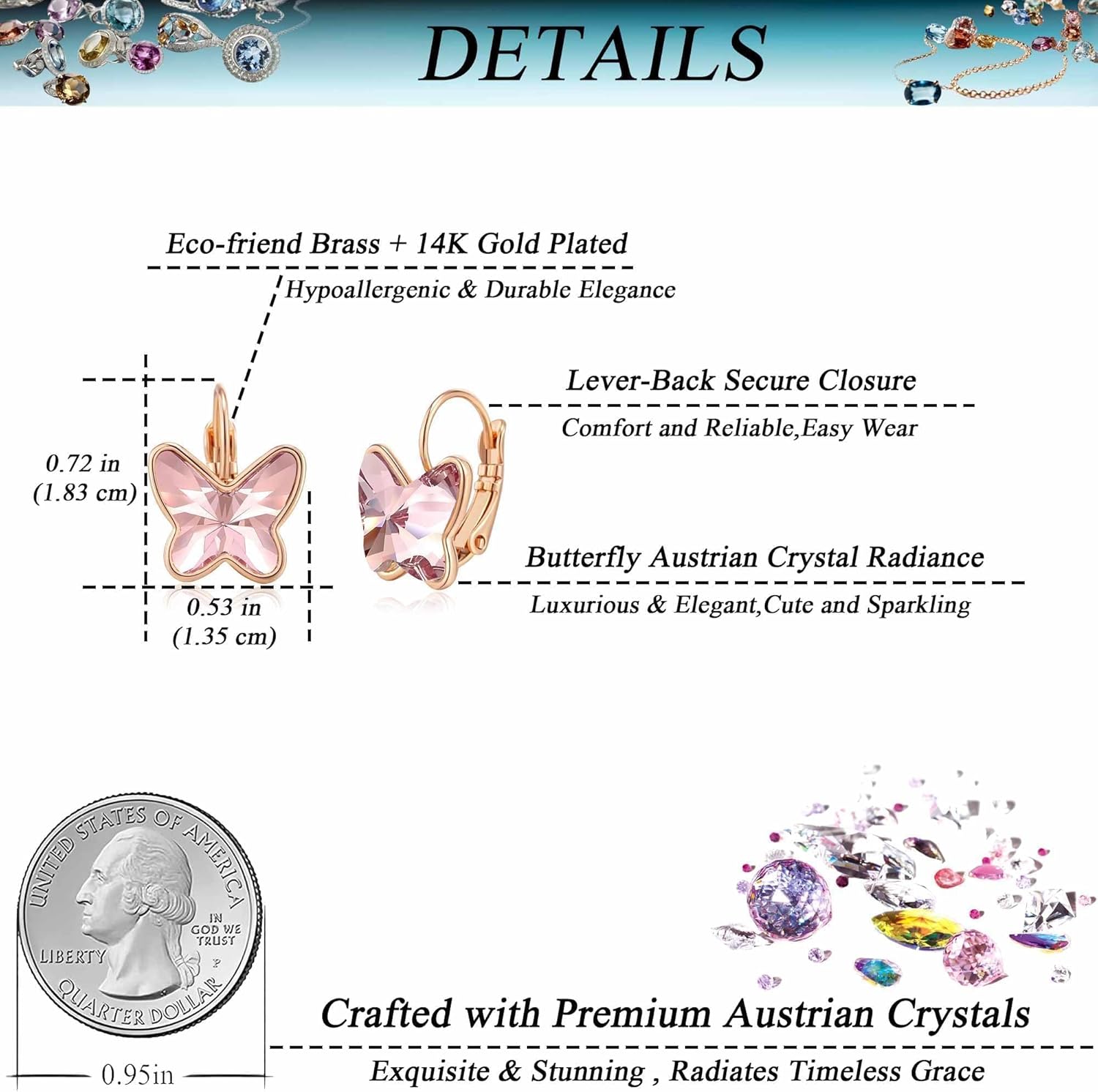 EVEVIC Austrian Crystal Butterfly Earrings Drop Leverback Earrings for Women 14K Rose Gold Plated Hypoallergenic Jewelry Gifts - Image 4
