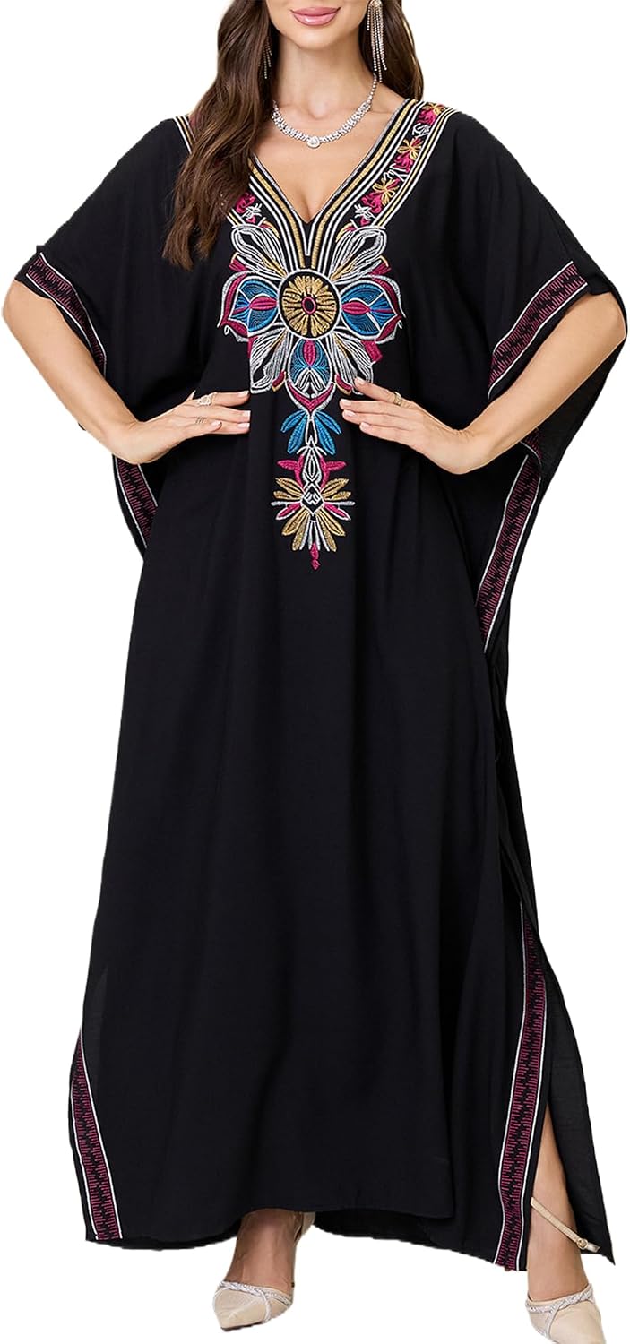 Women Embroidery V Neck Kaftan Casual Beach Wear Cover