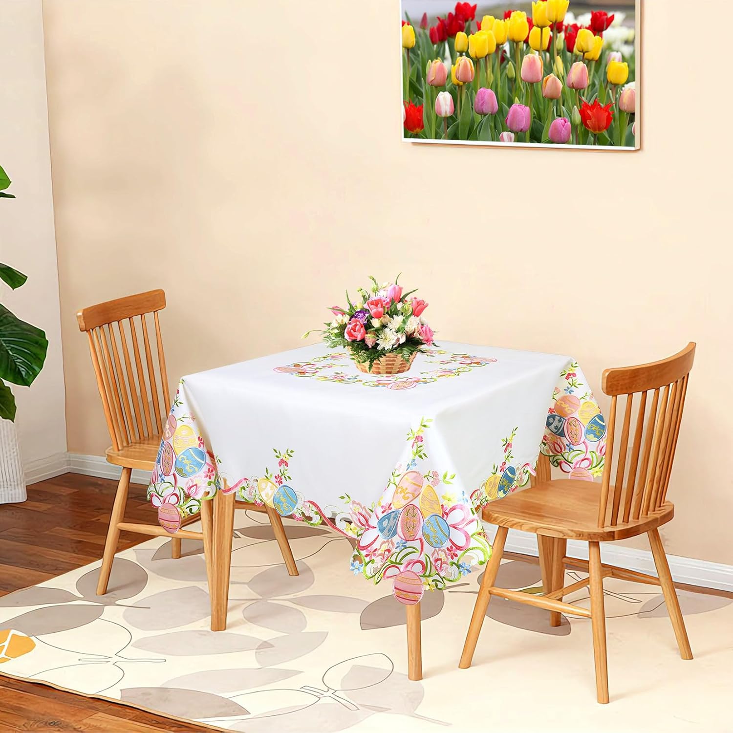 Grelucgo Embroidered Colorful Eggs Tablecloth for Easter Holidays, Spring Seasonal Dining Table Decor (Square 52 inches)