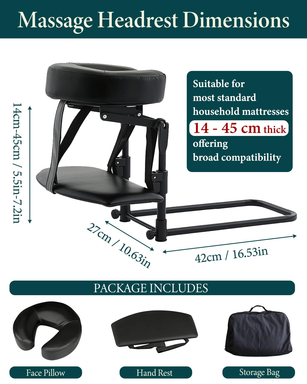 Support de table de massage, appui-tête de massage pour lit, coussin réglable en forme de U, surmatelas de massage avec planche d'accoudoir et sac de rangement (pour matelas de 14 à 45 cm, noir)