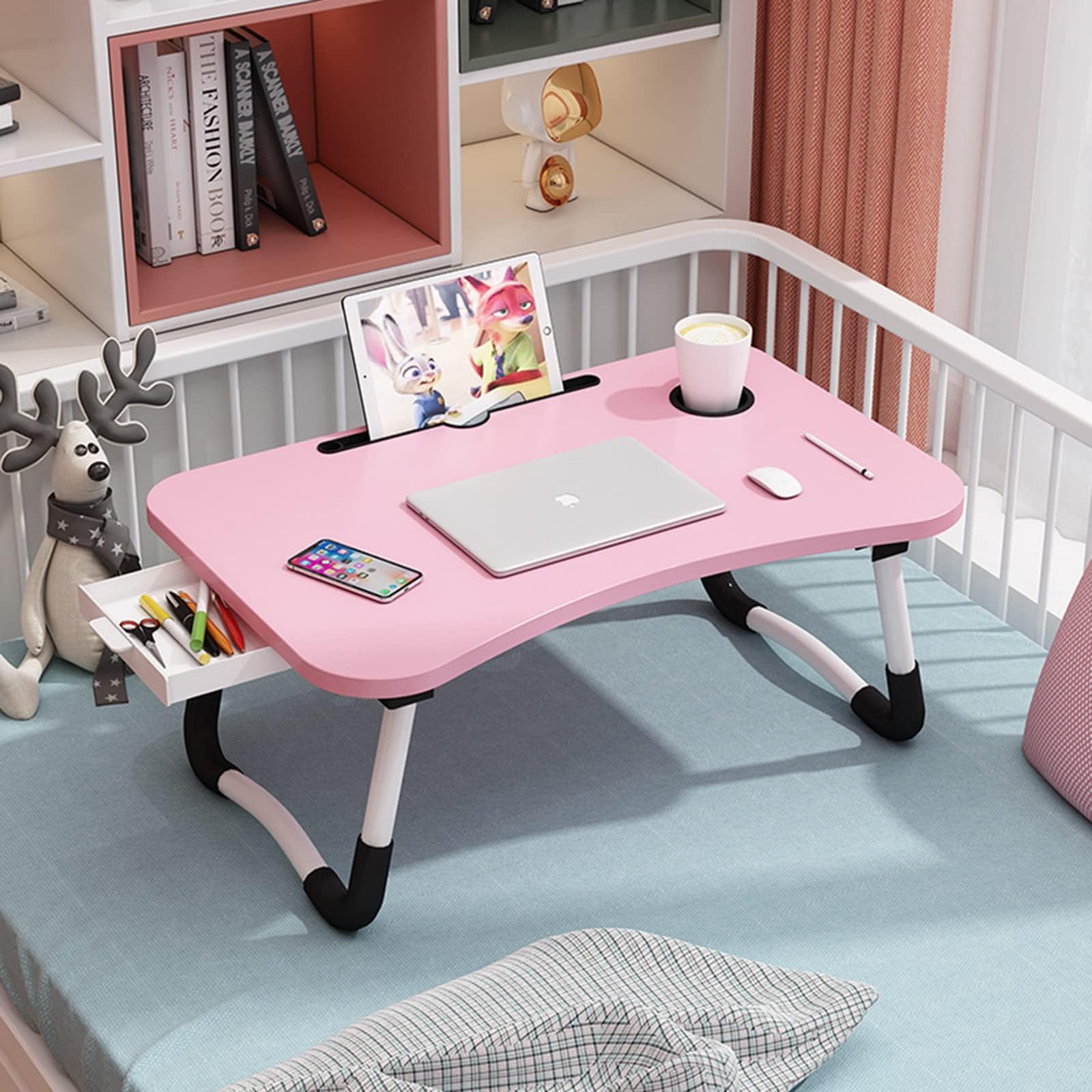 XYLUAKY Laptop Desk for Bed Foldable Lap Desk with Storage Drawer And Cup Holder, Portable Bed Table Tray for Eating Writing Working Watching on Bed,Pink