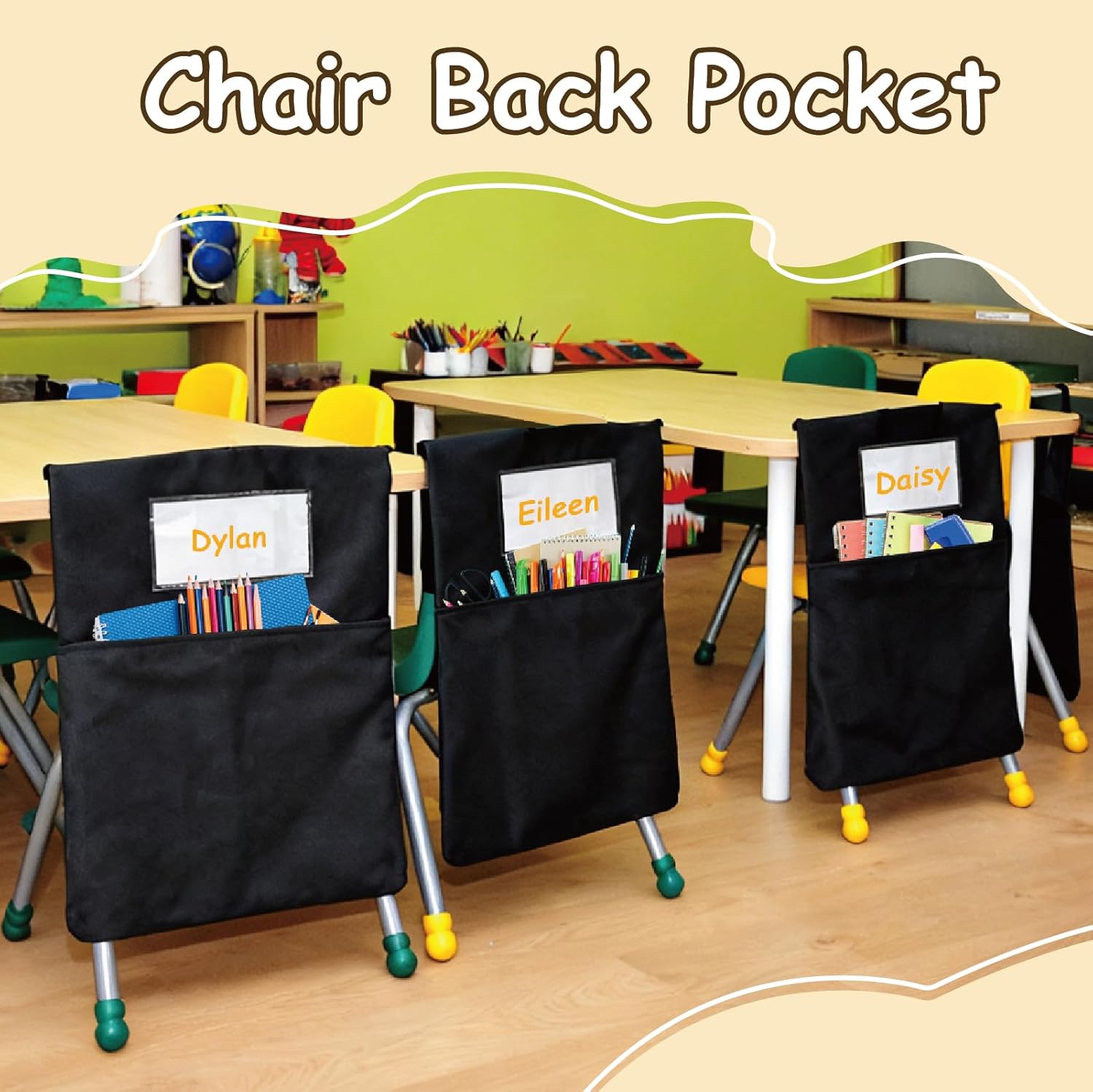 24 Pack 19.5 x 16.5 Inch Student Chair Pockets For Classrooms,Seat Sacks Organizer For K-2 Students To Storage,Chair Back Buddy Pocket With Name Tag Slot, Classroom Must Haves
