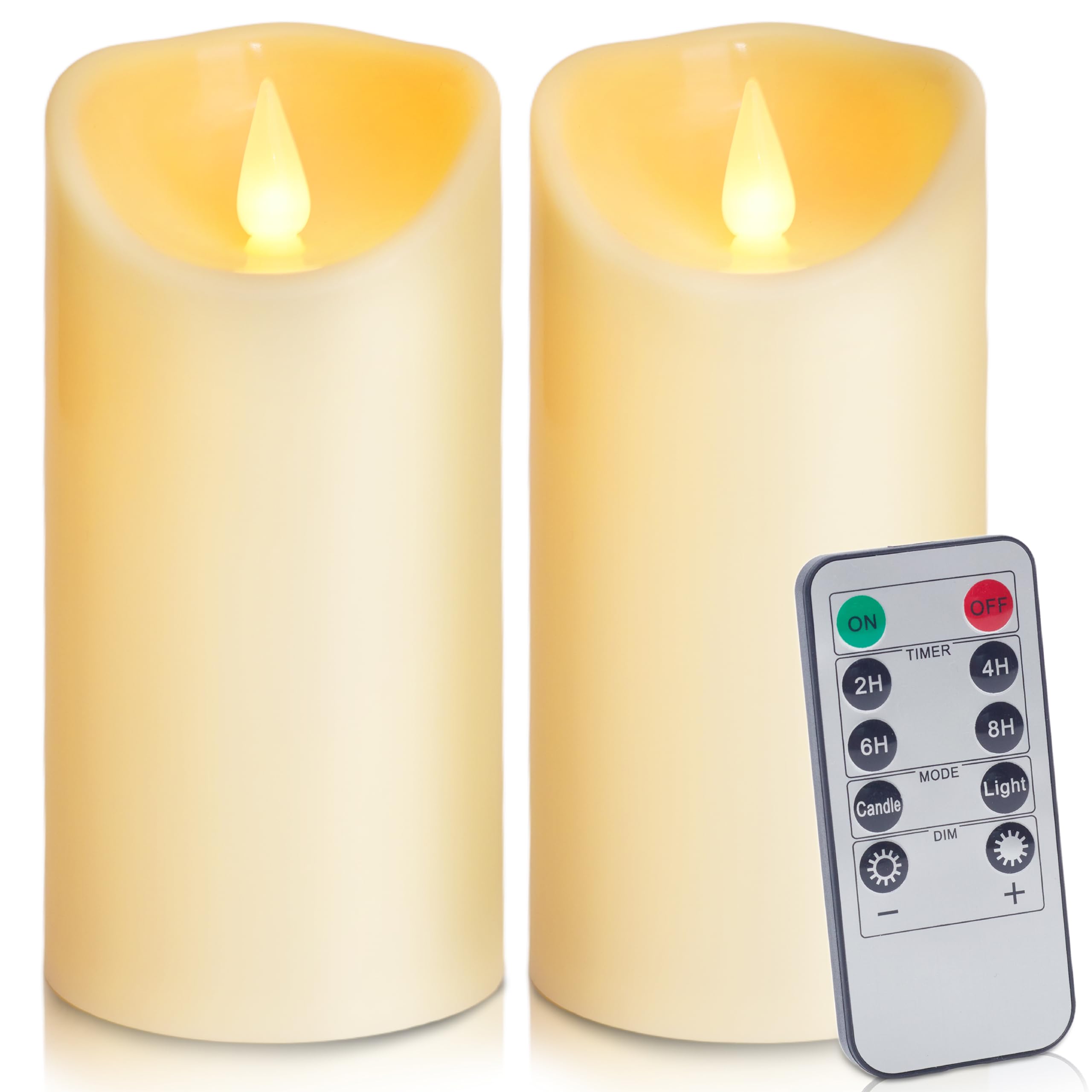 Auralome LED Battery Operated Candles - 6”x3” Remote Control Timer Pillar Candle Flameless Realistic Flickering Large Plastic LED Candle Outdoor Electric Fake Artificial Church Candle Ivory Set of 2