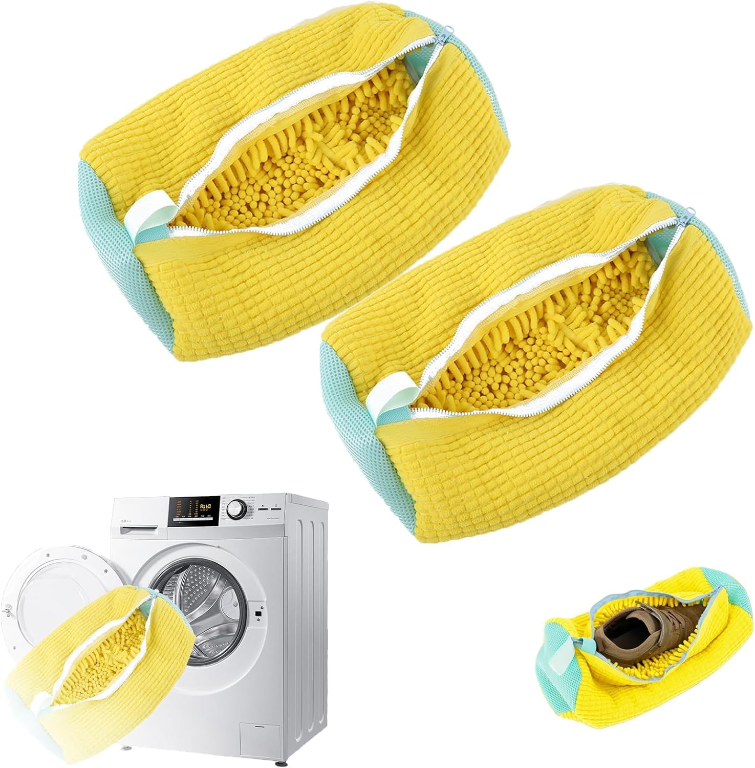 Sacchetti per Lavare le Scarpe, 2 Pezzi Sacchetti per Scarpe Lavanderia, Riutilizzabile Rete per Scarpe Lavatrice, Sacchetti per Lavatrice con Cerniera, Borsa per il Lavaggio Delle Scarpe, Giallo