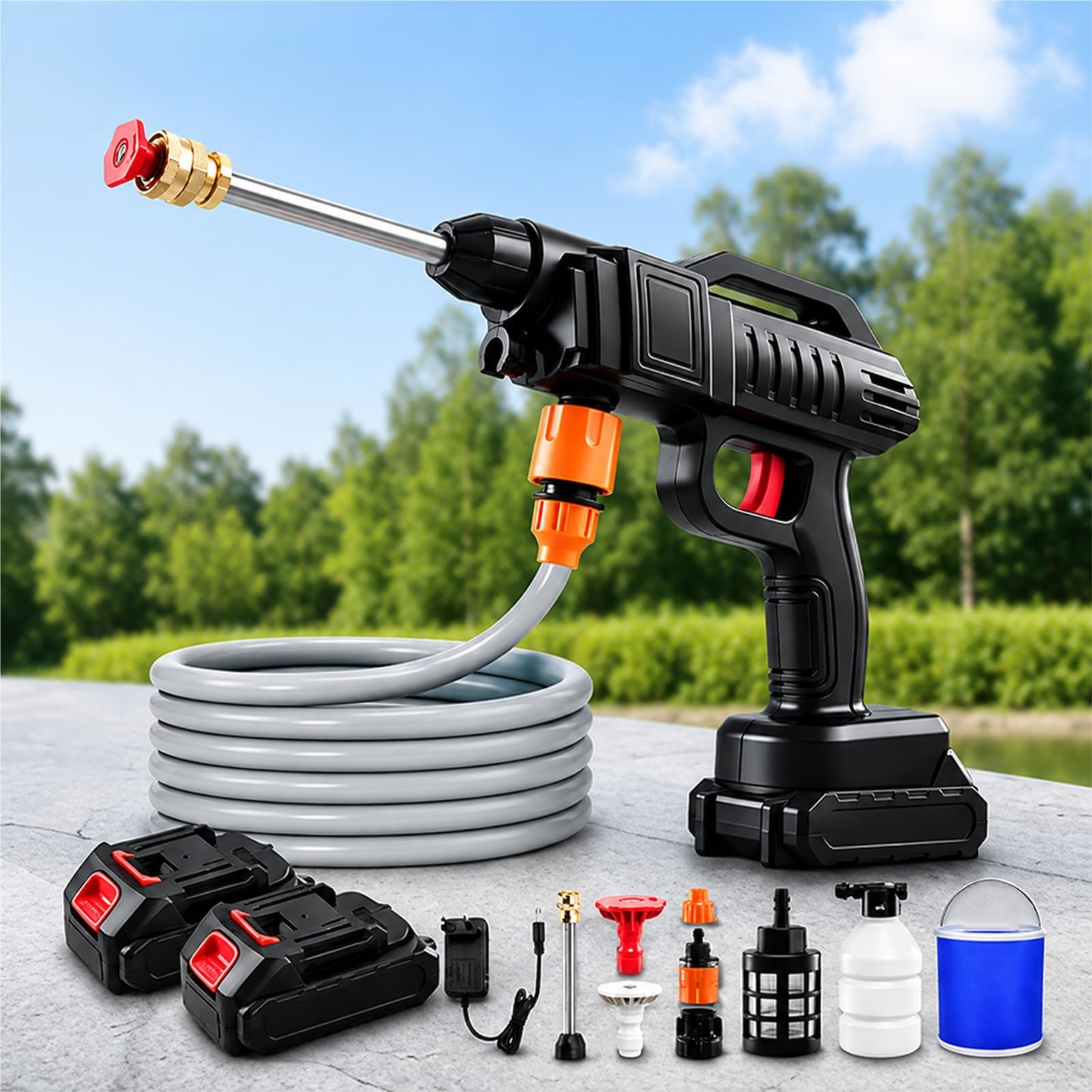 21V 1500W Idropulitrice a Batteria, Portatile Idropulitrice Professionale con 5M Tubo e 2 Ugelli, 2 Batterie, per Auto Patio Giardino Pulizia Pavimenti (Con Secchio)