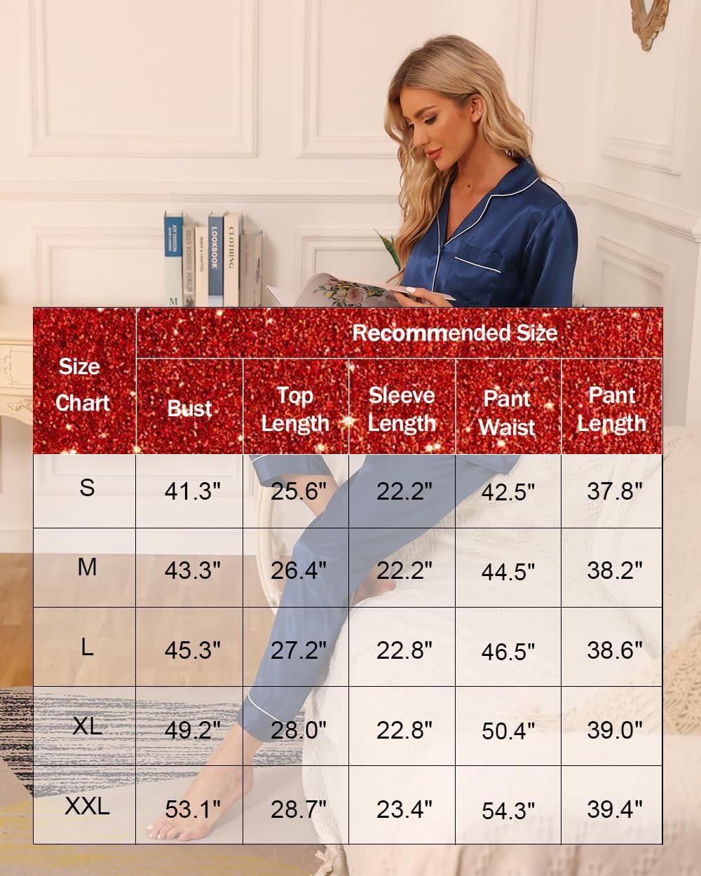 Women's Satin Pajamas Set 2 Piece Pj Set Sleepwear Notch Collar Long Sleeve T-Shirt Button-Down Loungewear with Long Pants - Image 5