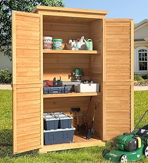 Gizoon Outdoor Storage Cabinet with 3 Shelves, Double Lockable Wooden Garden Shed with Waterproof Roof, Outside Vertical Tall Tool Shed for Yard Patio Lawn Deck-Natural