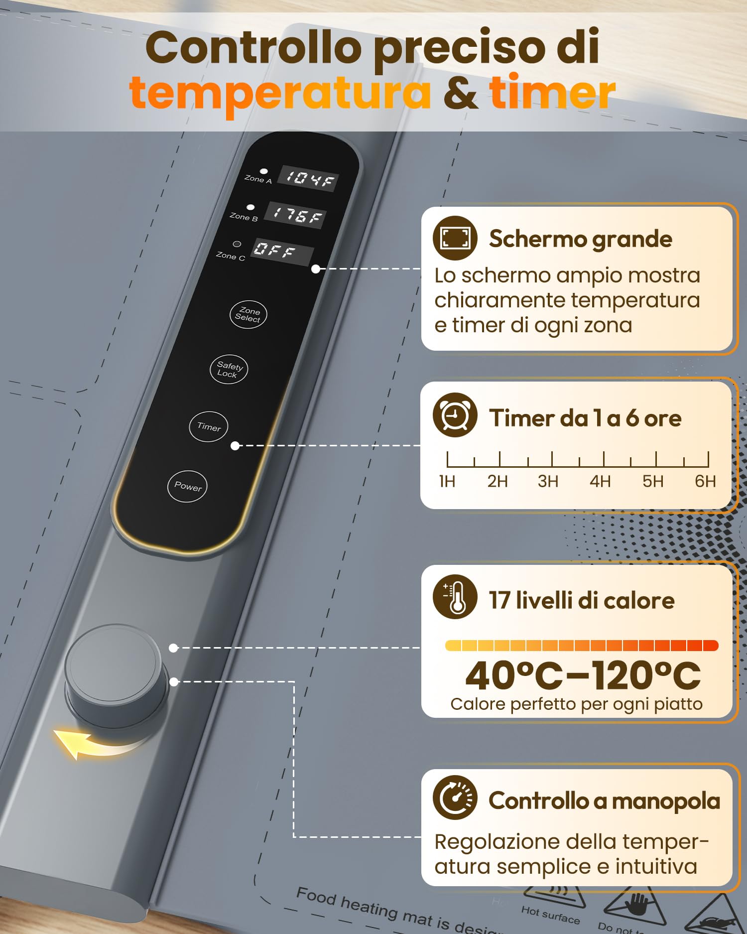 Vassoio Riscaldante Elettrico a 3 Zone Indipendenti 101×43 cm, Vassoio Riscaldante Pieghevole con 17 Livelli di Temperatura Precisi e Timer 1–6H, Tappetino Riscaldante in Silicone per Buffet e Feste
