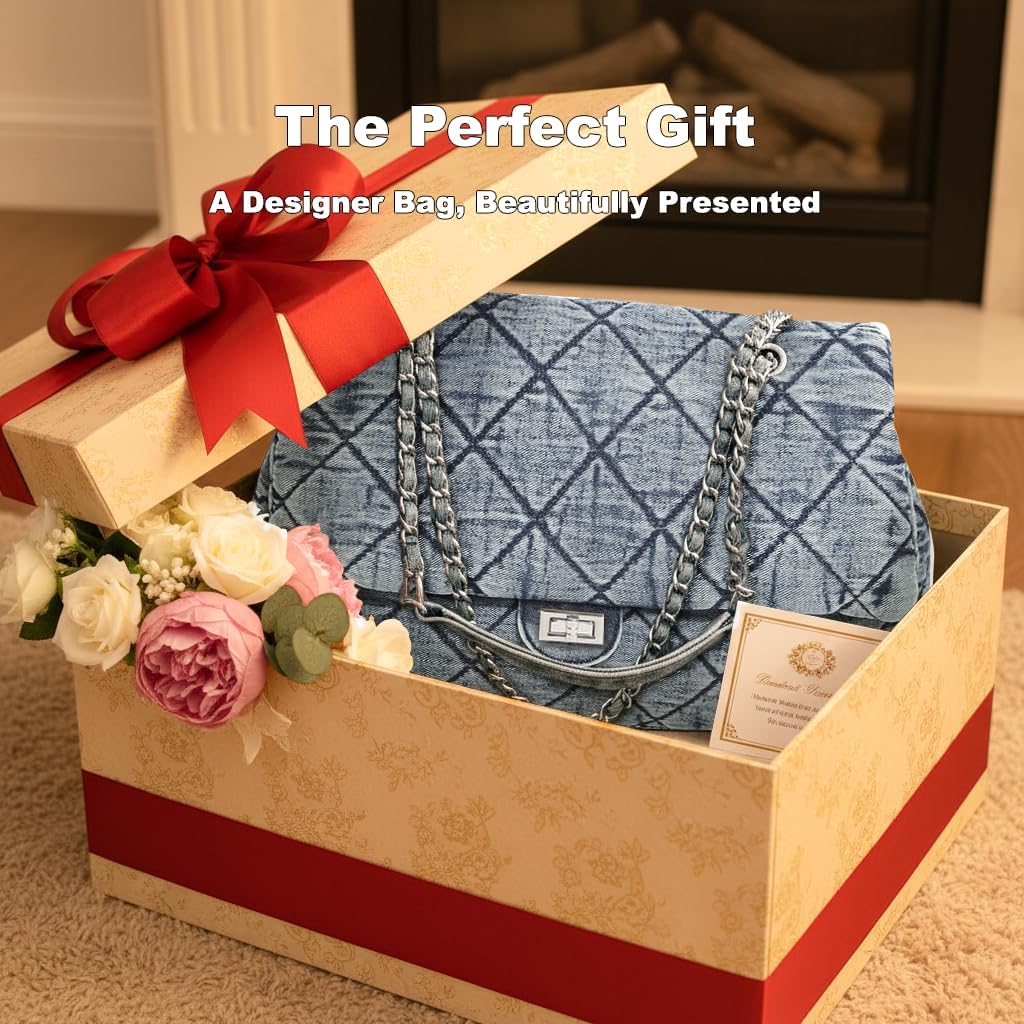 Quilted Denim Tote Bag for Women, Large Capacity Vintage College Style Shoulder Bag Denim Purse, Chain Crossbody Bag - Image 9