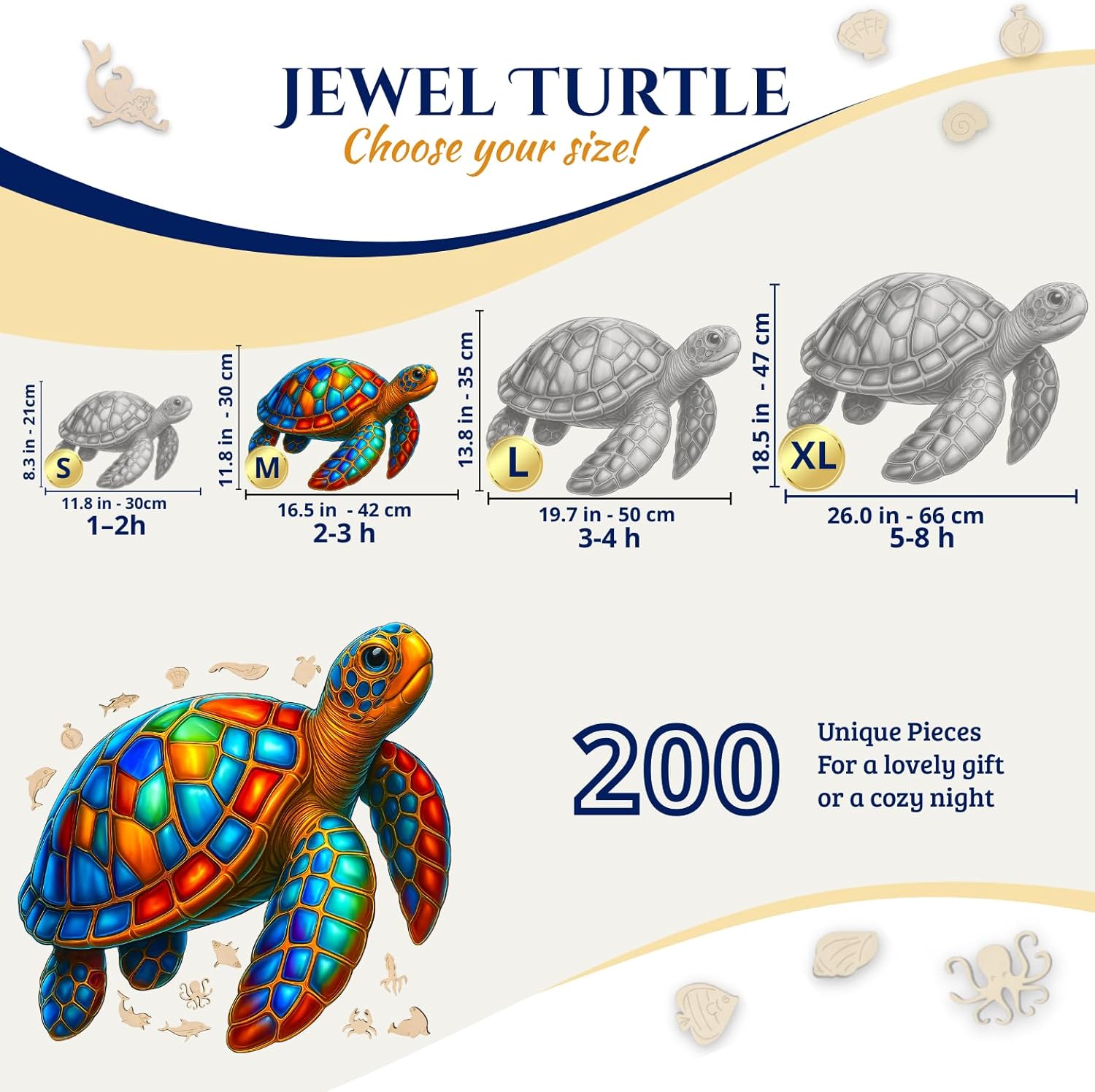 Wooden Puzzles for Adults - 200 Piece Puzzles for Adults - Unique Shaped Wood Puzzles Adult - Elegant Gift Box - Jewel Turtle Wooden Jigsaw Puzzle for Stress Relief - 16.5 × 11.8 in