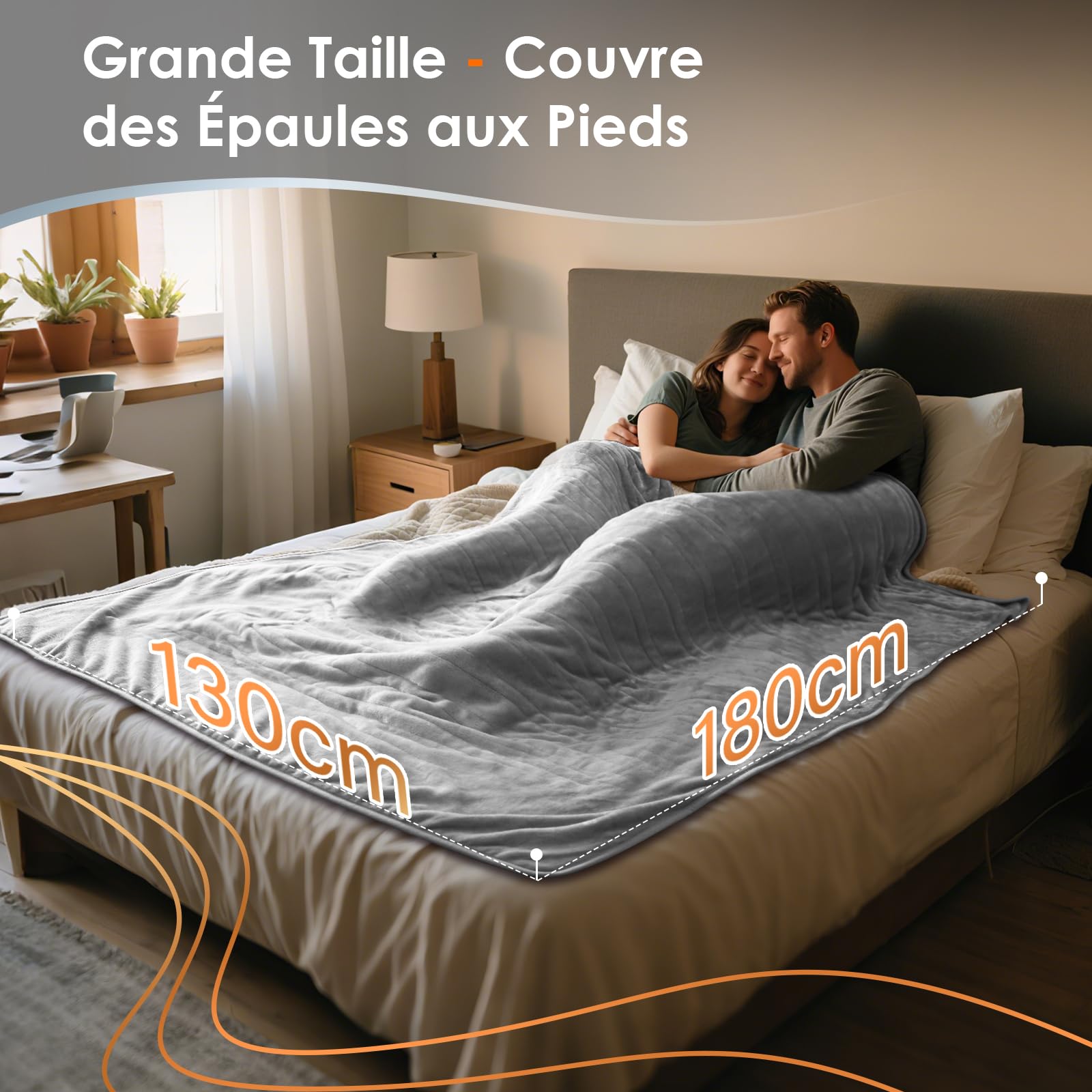 Couverture Chauffante 180x130 cm Double Flanelle 9 Niveaux de Température & Minuterie 1-10H, Lavable en Machine, Chauffage Rapide de 150 W, Plaid Chauffant Doux & Confort Pour 1-2 Personnes tendre