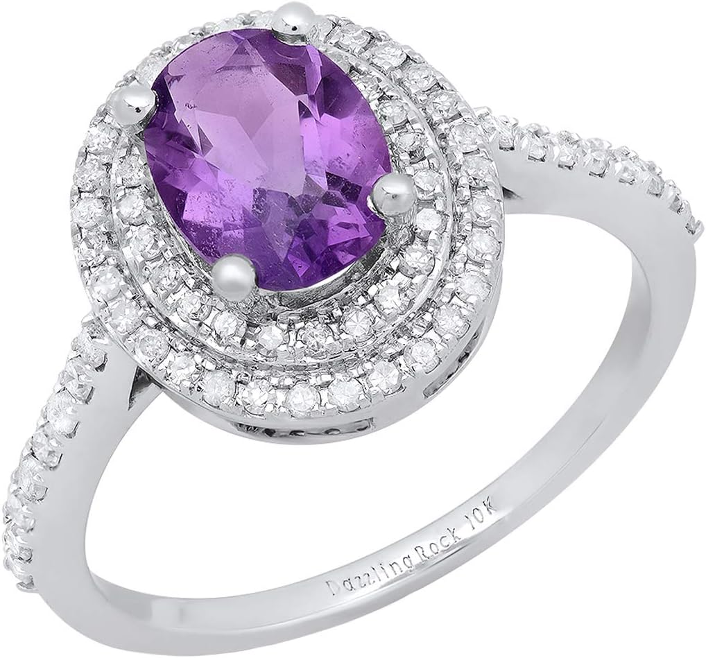 Dazzlingrock Collection 10K 8X6 MM Oval Gemstone & Round White Diamond Ladies Bridal Halo Style Engagement Ring, White Gold
