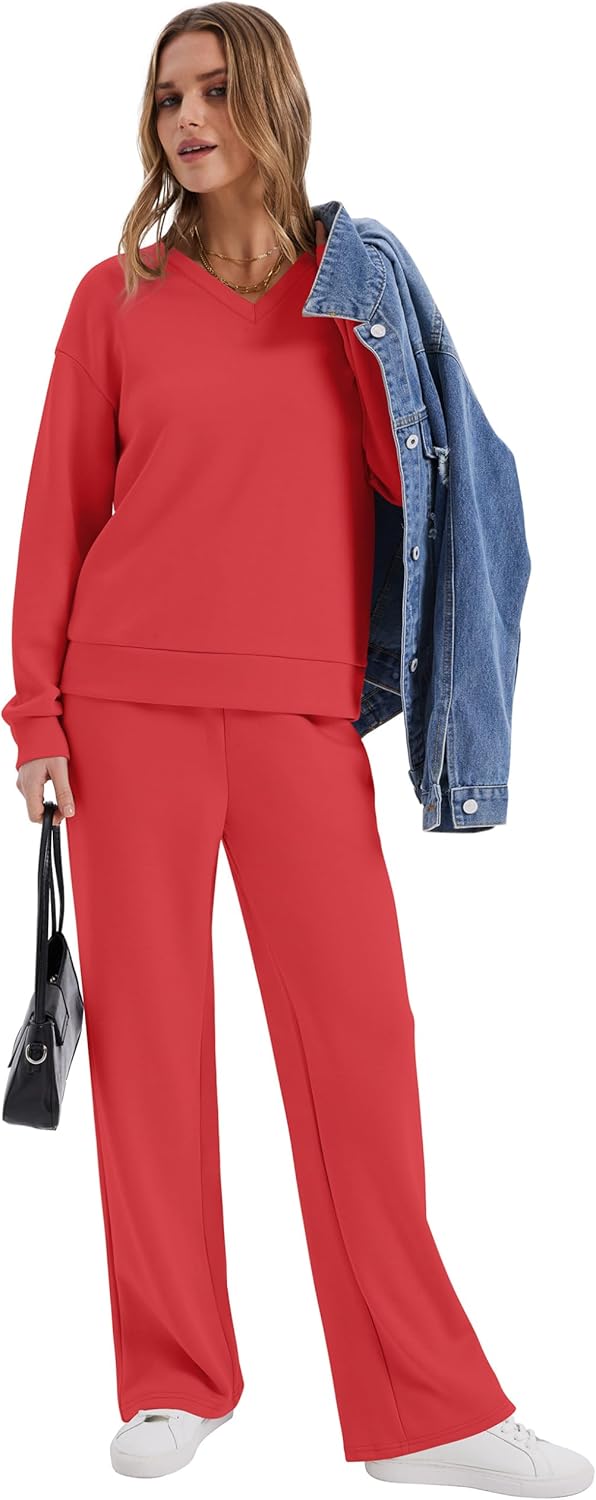 WIHOLL Lounge Sets for Women 2026 V Neck 2 Piece Outfits Airport Wide Leg Pants Matching Set Sweatsuits - Image 3