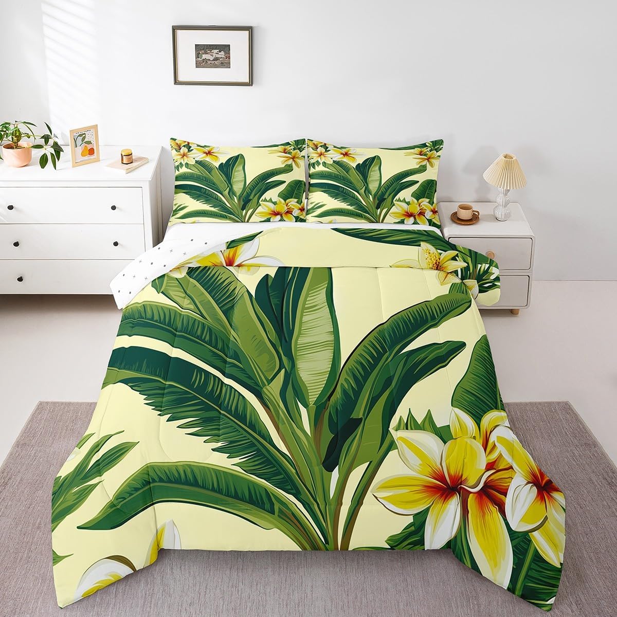 Tropical Comforter Set Queen Size,Jungle Flower Leaf Bedding Set,Hawaiian Palm Banana Botanical Bedding Comforter Watercolor Floral Leaves Plant Quilt Duvet Set Bedroom Decor Green Yellow 3 Pcs