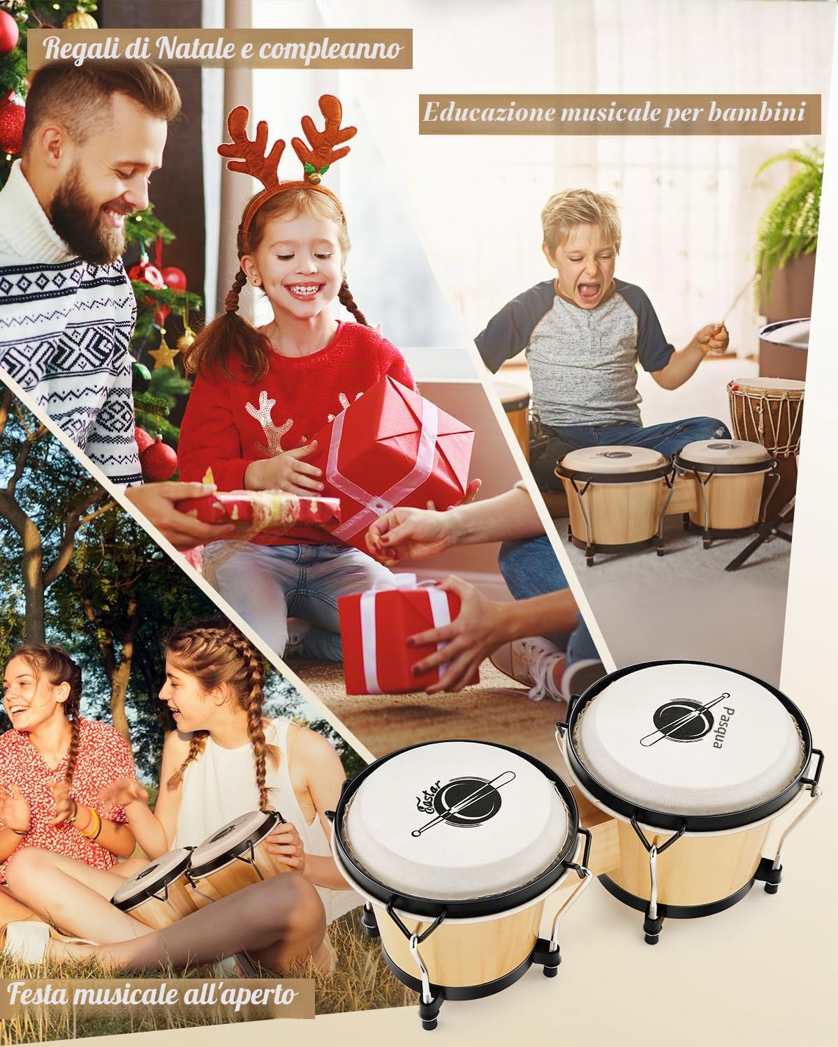 Eastar Bongo Drum 6” + 7” Per Adulti Bambini Principianti Professionisti Strumenti a Percussione Accordabili In Legno Tiglio EBO-1 naturale