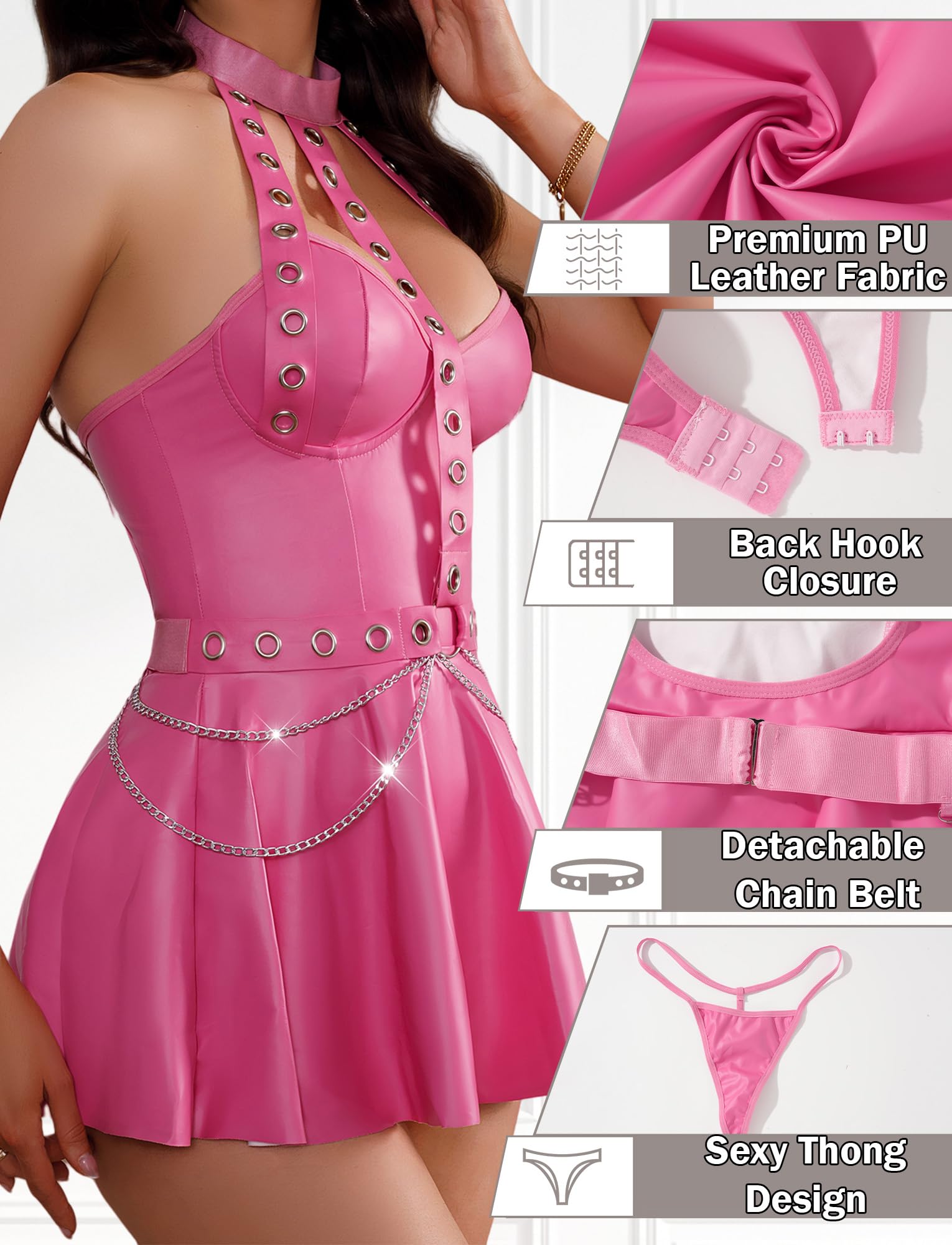 SEAUR Lingerie da donna con perizoma in pelle PU con scollo a V sexy aderente abito schiena scoperta pieghe mini biancheria da notte