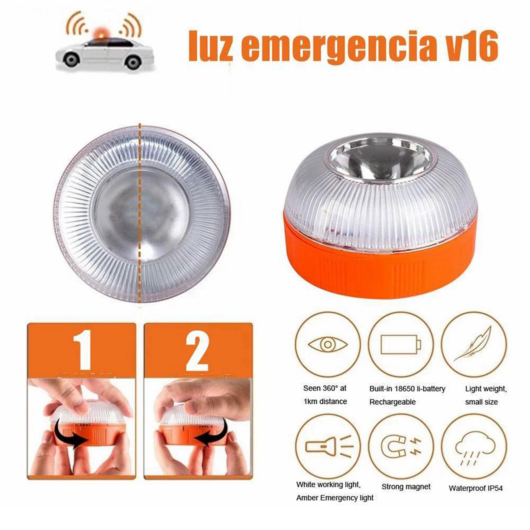 5X Luz de Emergencia para Coche V16, Luz de Baliza de Emergencia Recargable por USB, Luz de Advertencia Intermitente de Carretera LED para Coche, Camión Marino