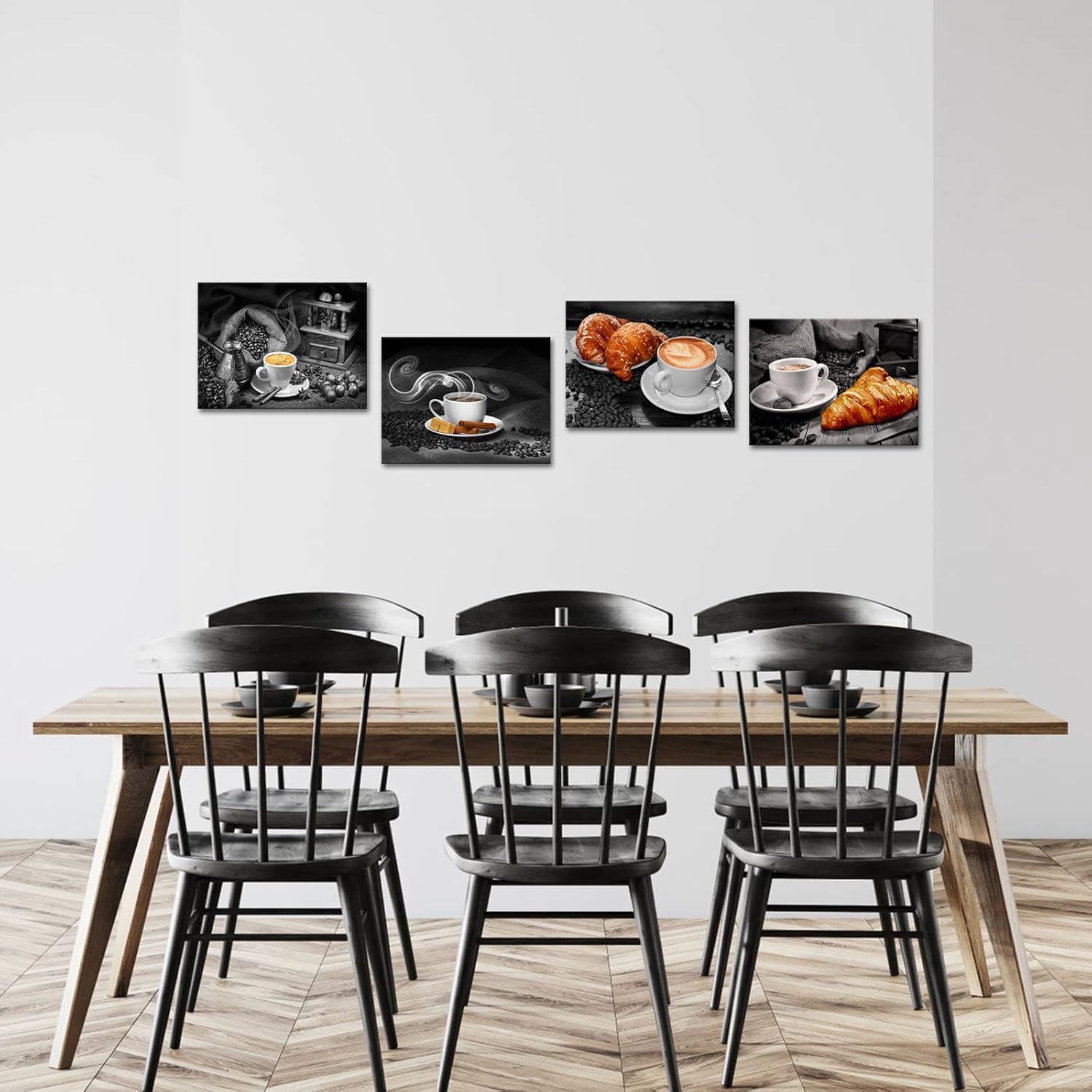 Nachic Wall 3 Piece Kitchen Wall Art Decor Warm Coffee Bread Pictures Canvas Print Black and White Painting Artwork with Frame Modern Dining Room Restaurant Coffee Shop Decorations