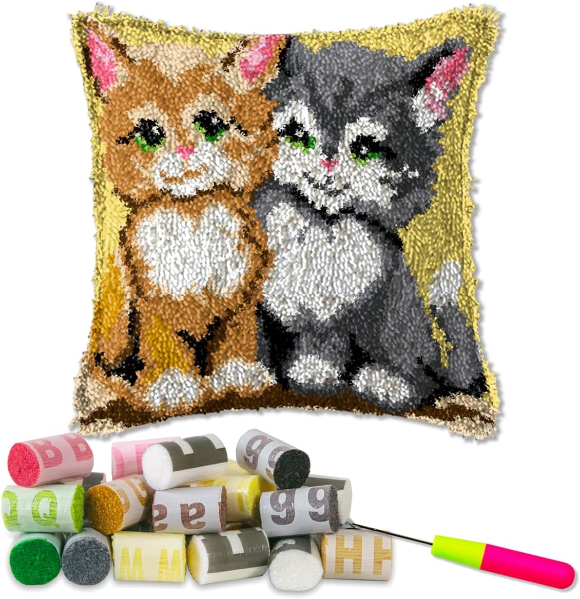 DL-YTG Latch Hook Kits Pillow Cat Crochet Yarn Cushion Colour Pre-Printed Canvas Needlework DIY Pillowcase Hook and Latch Kit Christmas Home Arts Crafts Sofa Decoration 42x42cm/16X16inch