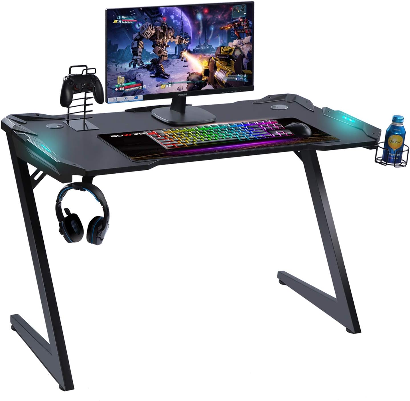 Gaming Desk with Led Lights 47inch Carbon Fiber Gamer Desk for PC 17” Z-Shaped Gaming Table for Home Office Game Desk with Free Mouse, Pad Holder for Controller, Headphone&Drink Black