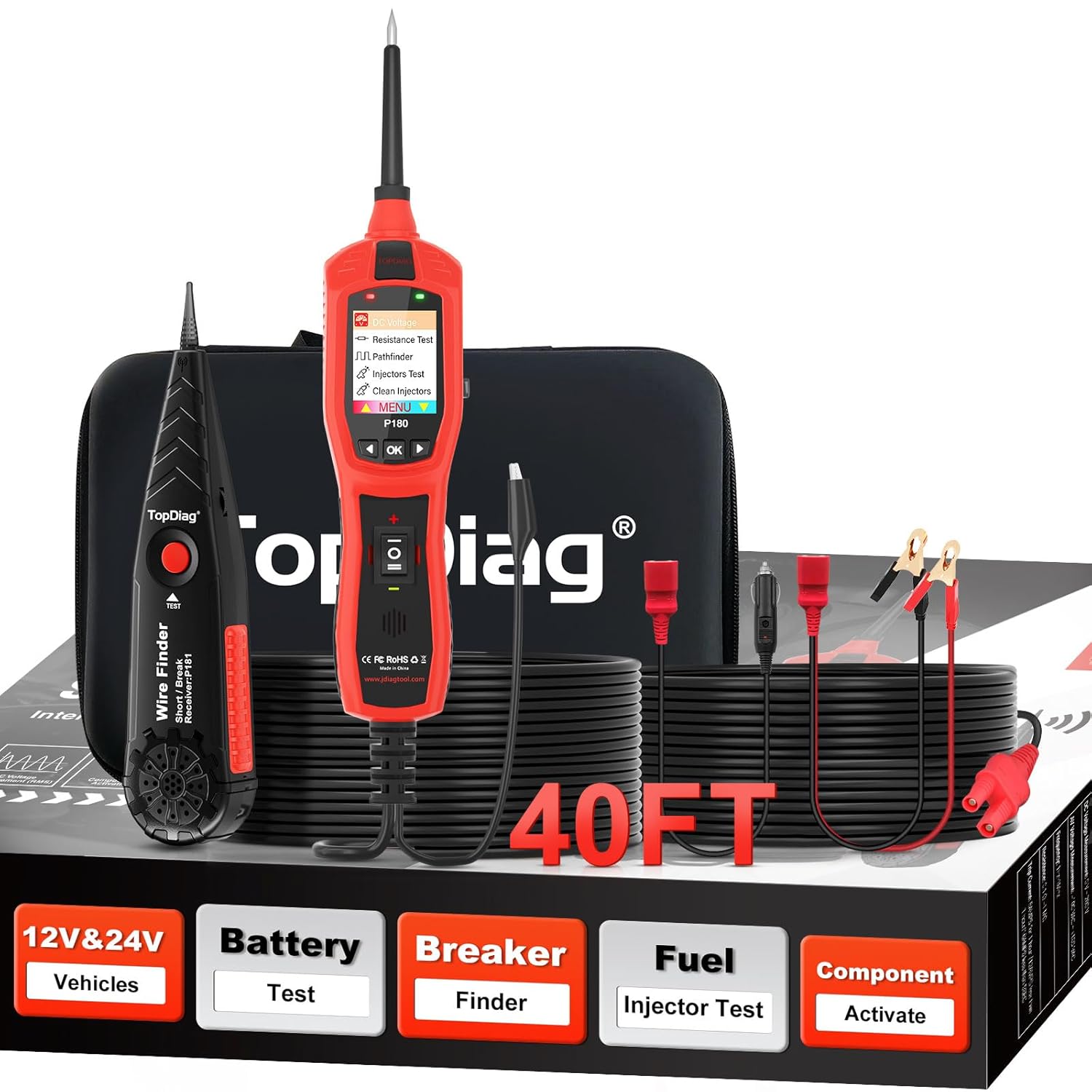 Circuit Breaker Finder Tool, Battery Tester, AC DC Voltage Tester, Fuel Injector Tester, 9V-30V Automotive Circuit Tester with 40FT Cable, P180