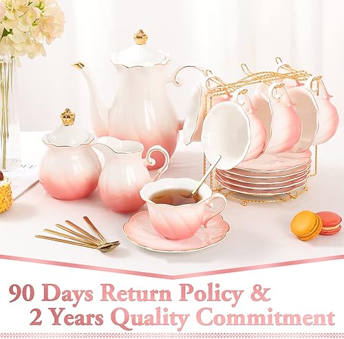 Miniatura 6 de DUJUST Juego de té de porcelana de 22 piezas para 6, juego de tazas de té y café de lujo estilo británico con ribete dorado, hermoso juego de té