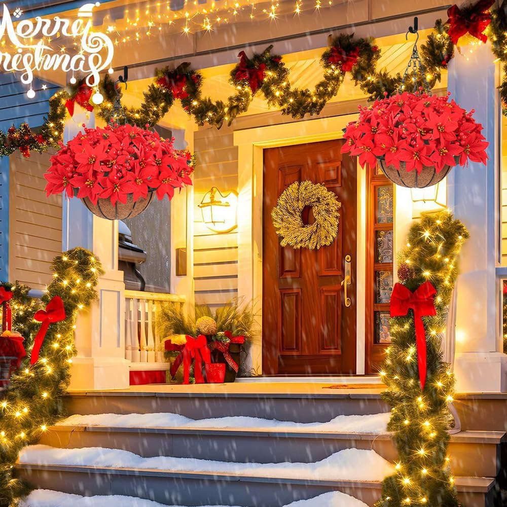 Celltestria 12PCS Poinsettia Artificial Flowers with Hanging Basket for Christmas Outdoor Decor 2 Styles Velvet Fake Poinsettia Flowers with Red Berry for Xmas Corridor Home Indoor Decoration
