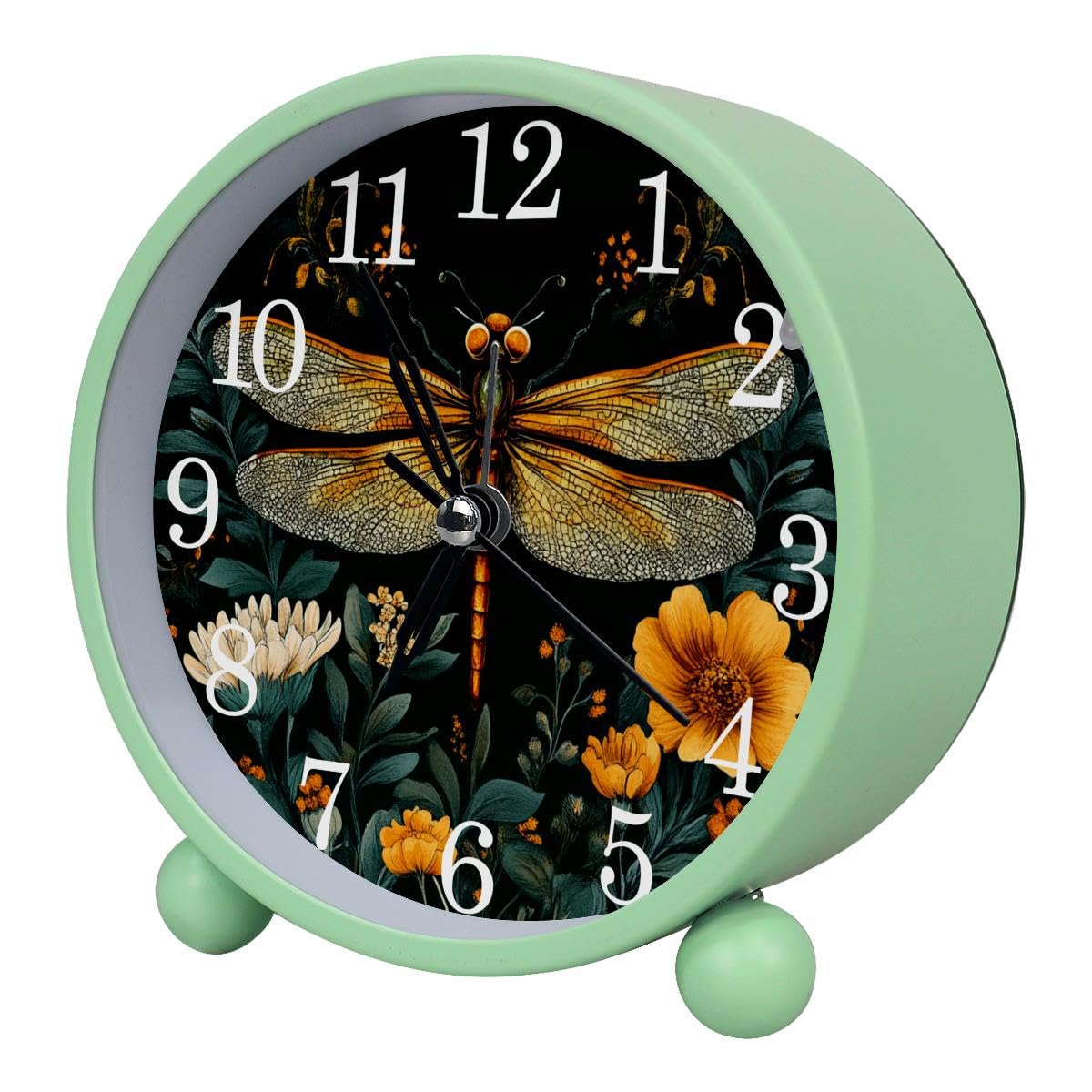 Luoweisi Alarm Clock Dragonfly Flowers, Silent Non-Ticking with Night Light, Round Metal Alarm Clock for Office, Battery Operated, Bedroom, Elderly, Adults, Children, Student Gifts